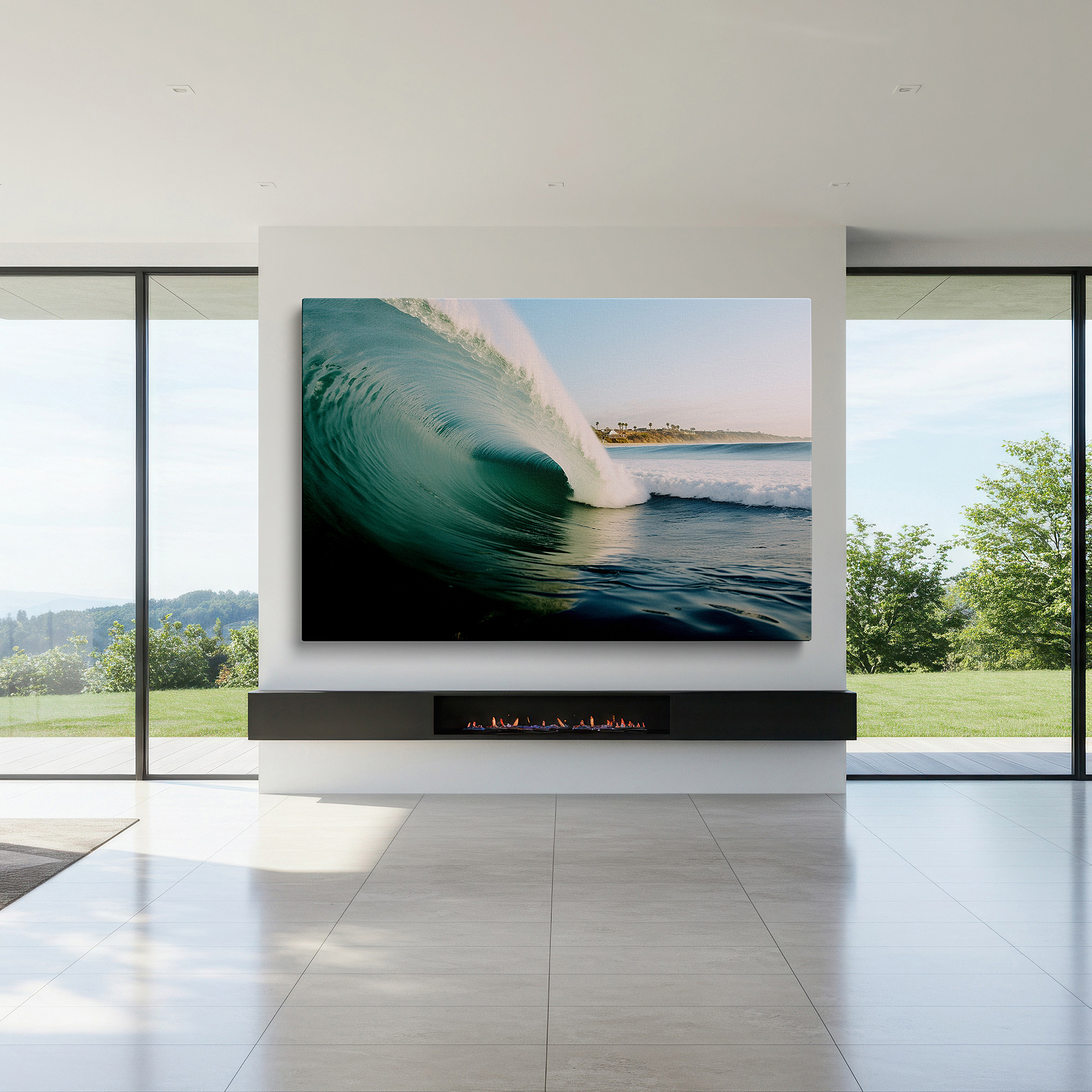 Displayed above a contemporary leather sofa in warm light — dynamic ocean wave wall art: experience the power and beauty of nature - perfect for living rooms, bedrooms, and offices
