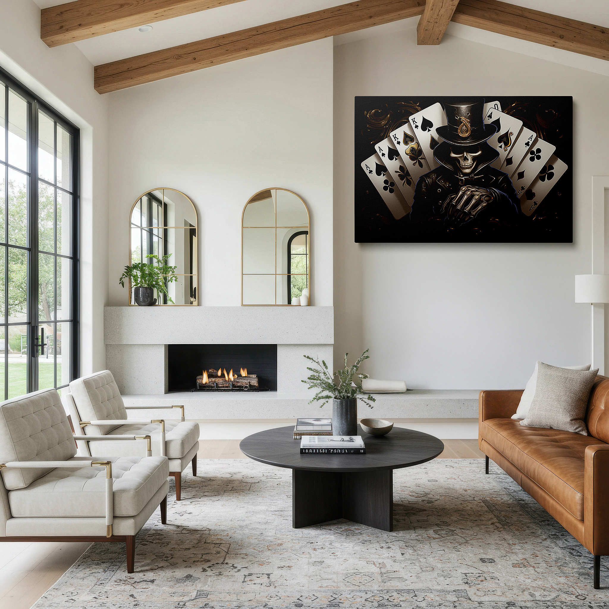 Displayed above a contemporary leather sofa in warm light — elegant and mysterious fate and chance dance large wall art, canvas wall decor for office, bedroom, and living room