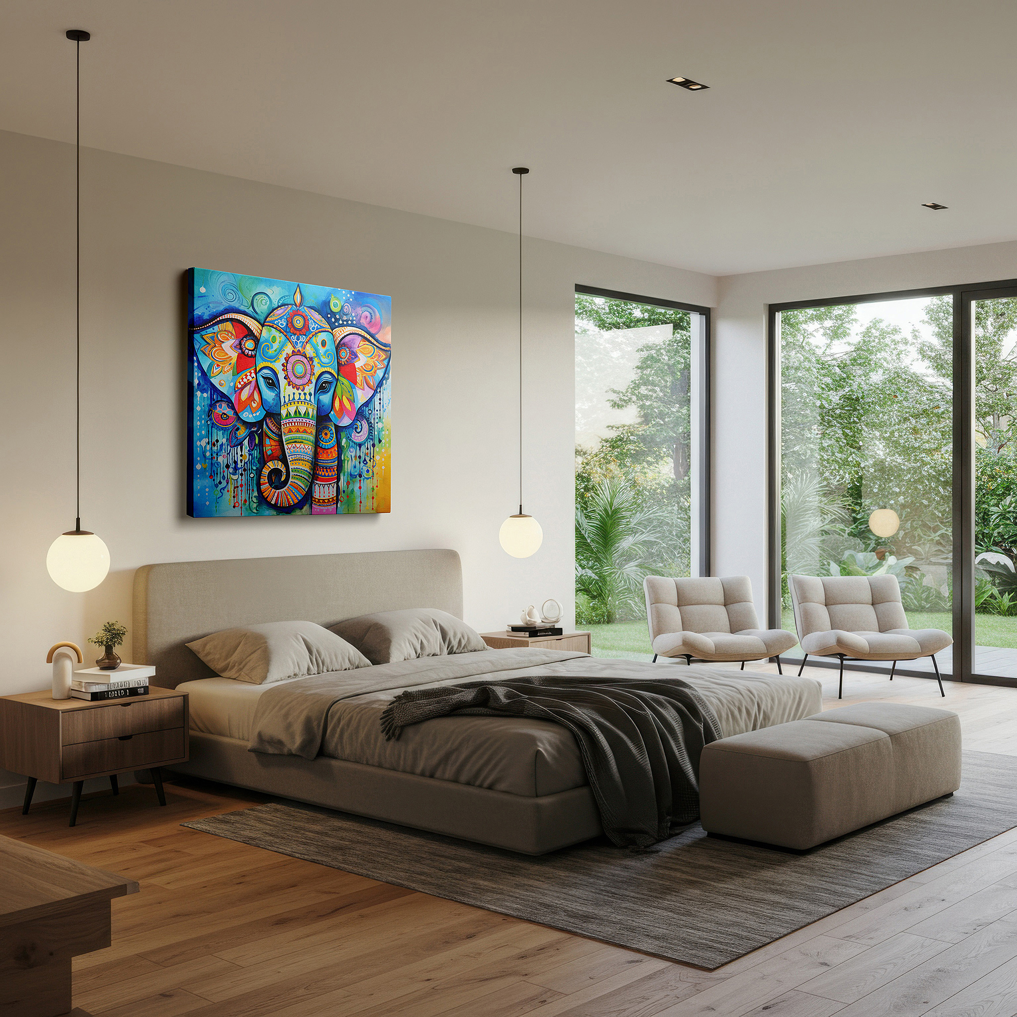 Displayed above a contemporary leather sofa in warm light — elephant mandala symbolizing unity and spiritual growth - large canvas wall art for office and bedroom decor
