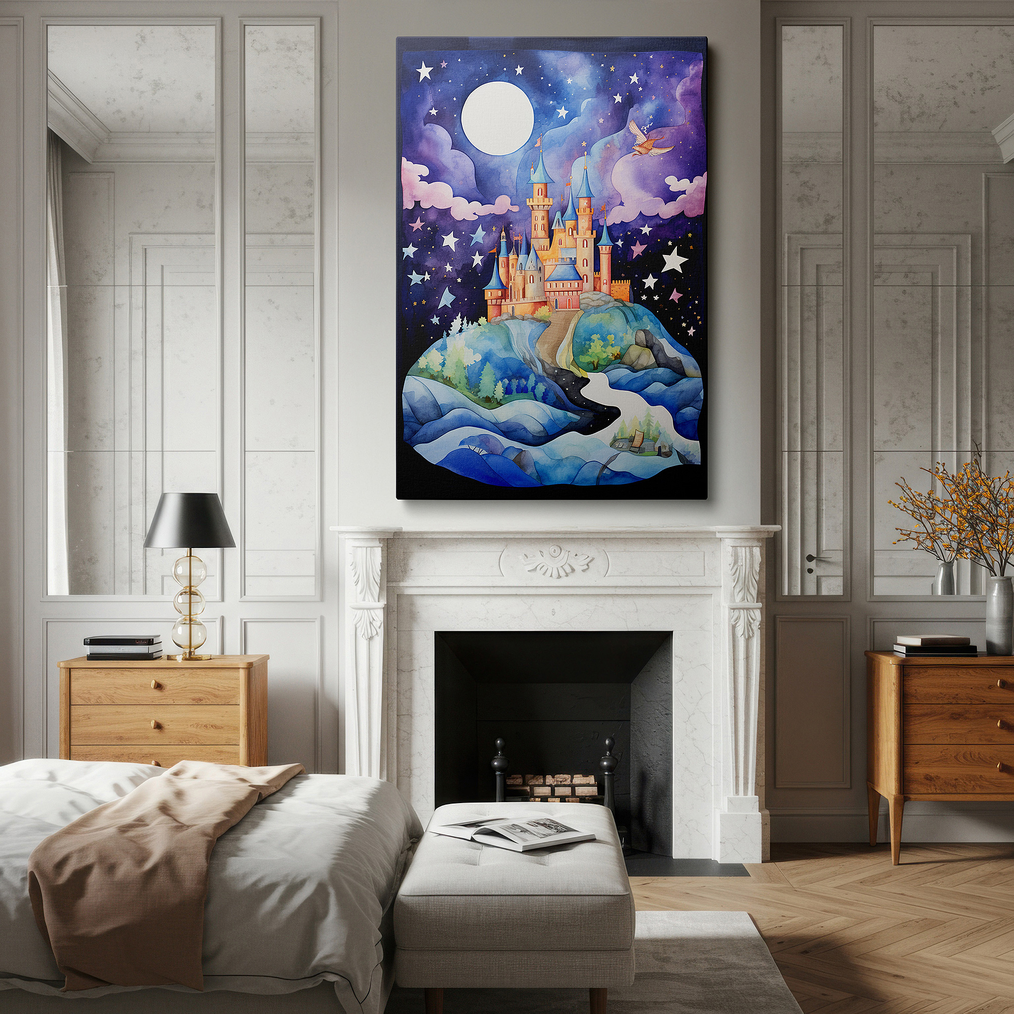Displayed above a contemporary leather sofa in warm light — enchanted castle in a starlit realm wall art: fairy tale magic landscape, large canvas art for office and bedroom decor