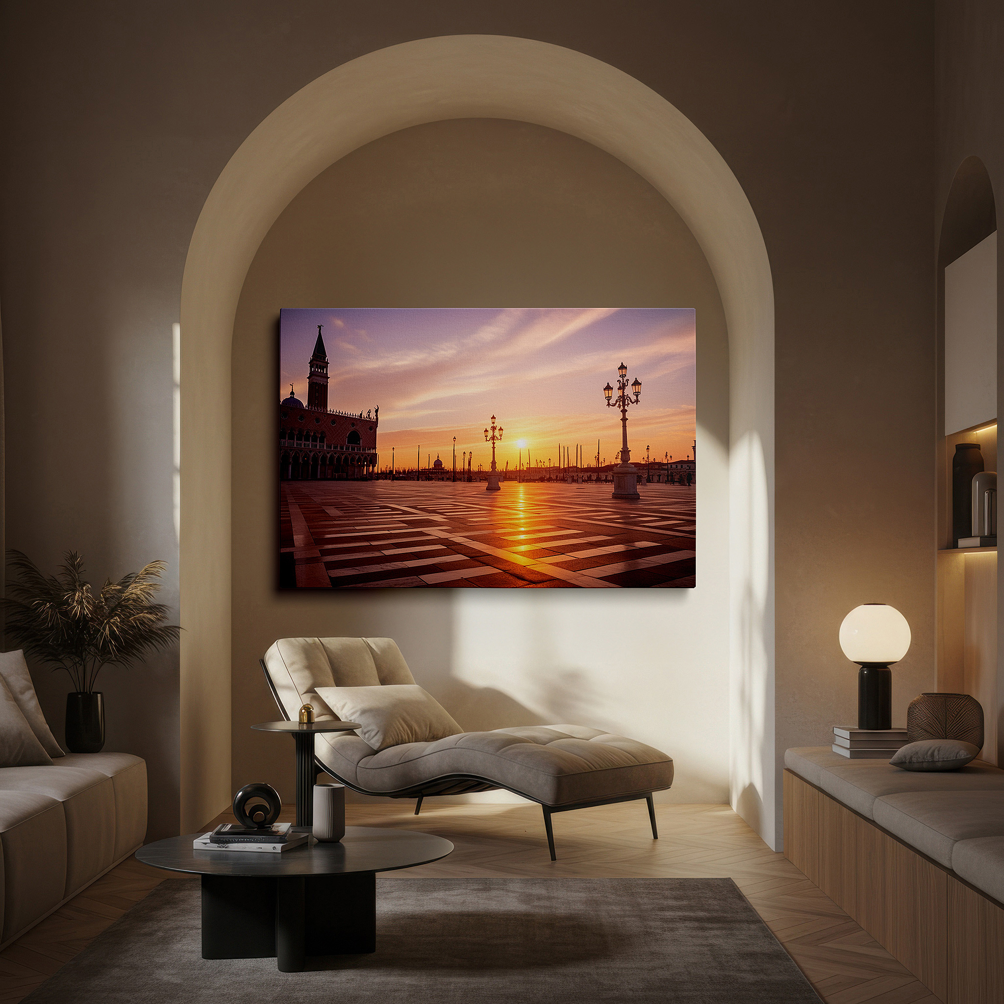 Displayed above a contemporary leather sofa in warm light — enchanted european piazza canvas wall art: historical grandeur at golden hour, large wall decor for office