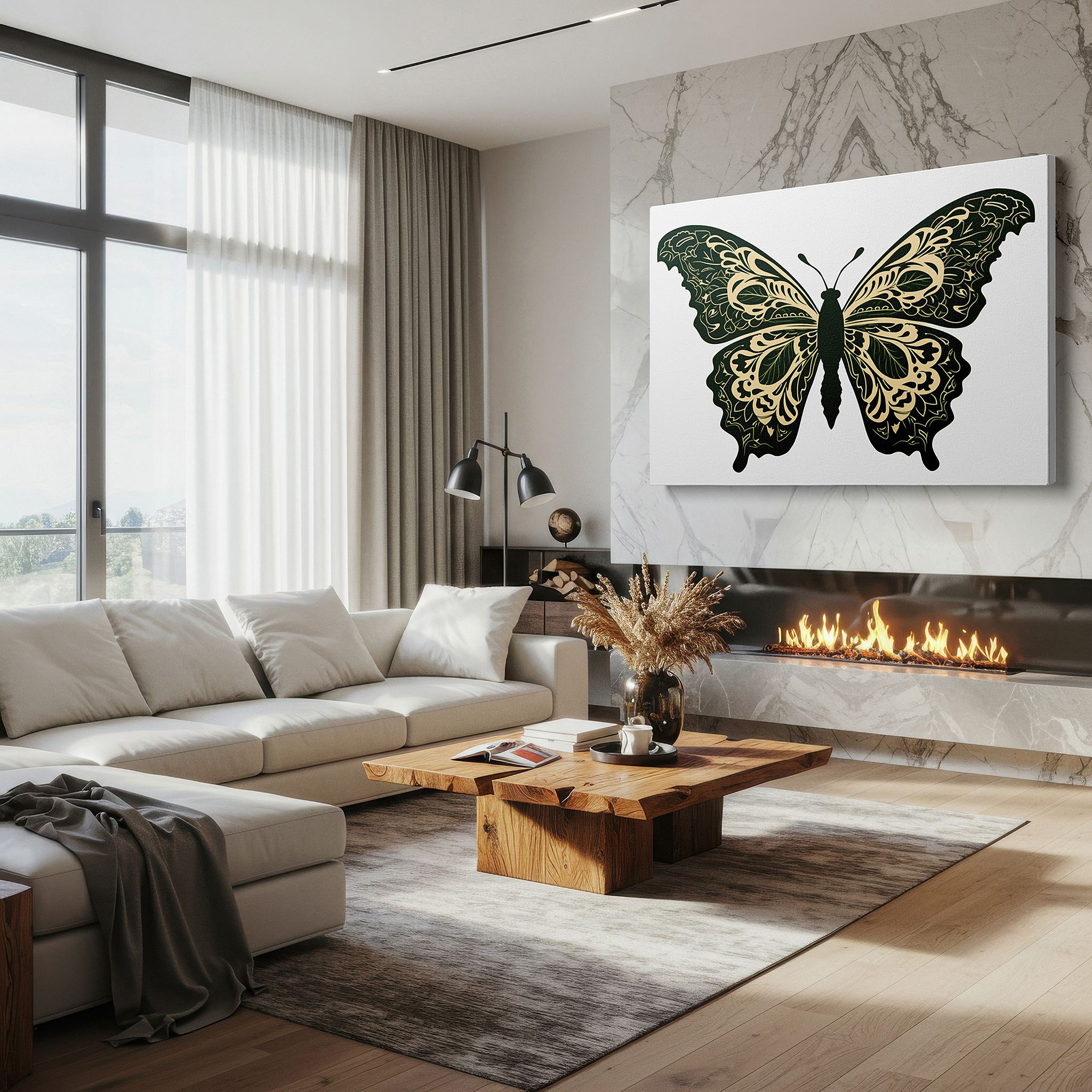 Displayed above a contemporary leather sofa in warm light — enchanting butterfly graphic representing change and liberation in nature, large canvas wall art for home and office decor