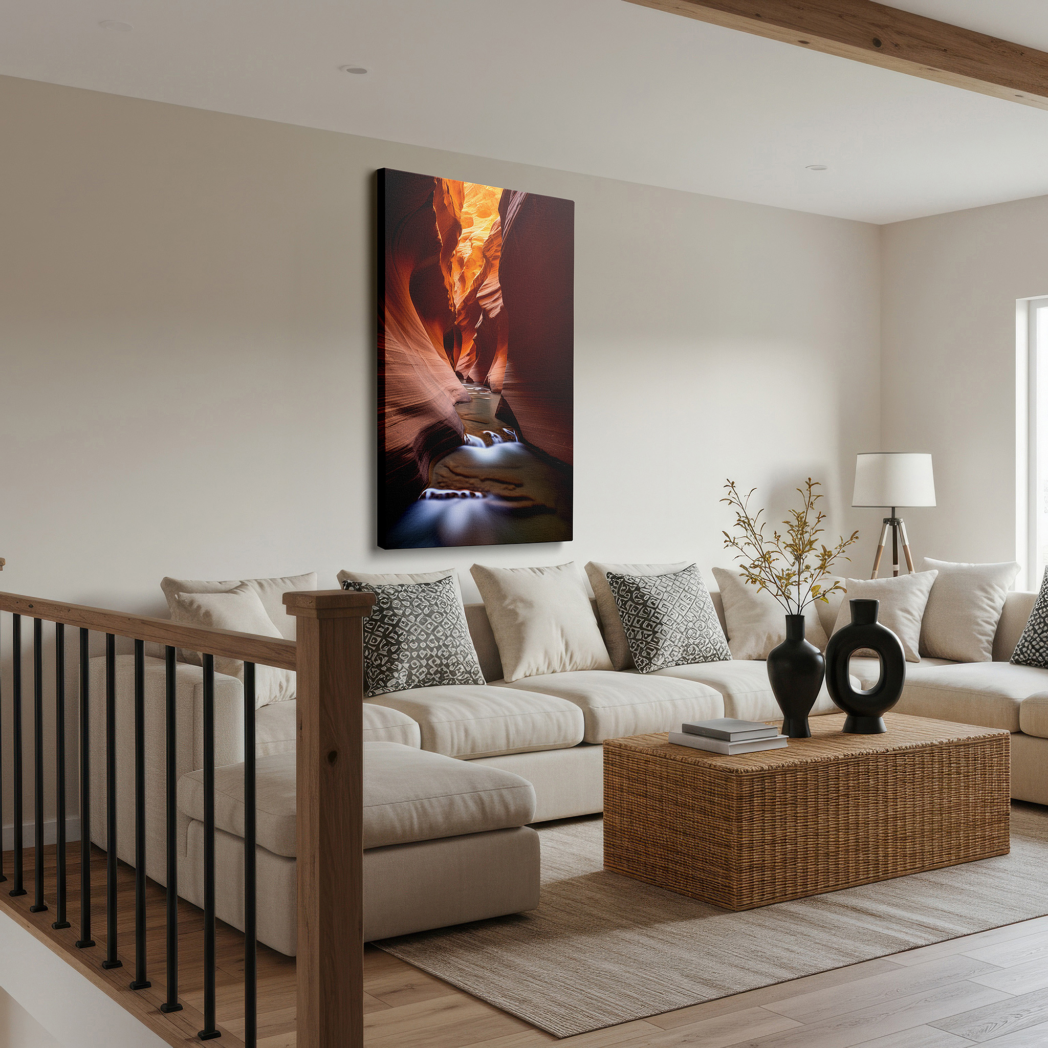 Displayed above a contemporary leather sofa in warm light — enchanting play of light and shadows in nature's canyon - oversized wall art for office, bedroom, and living room decor