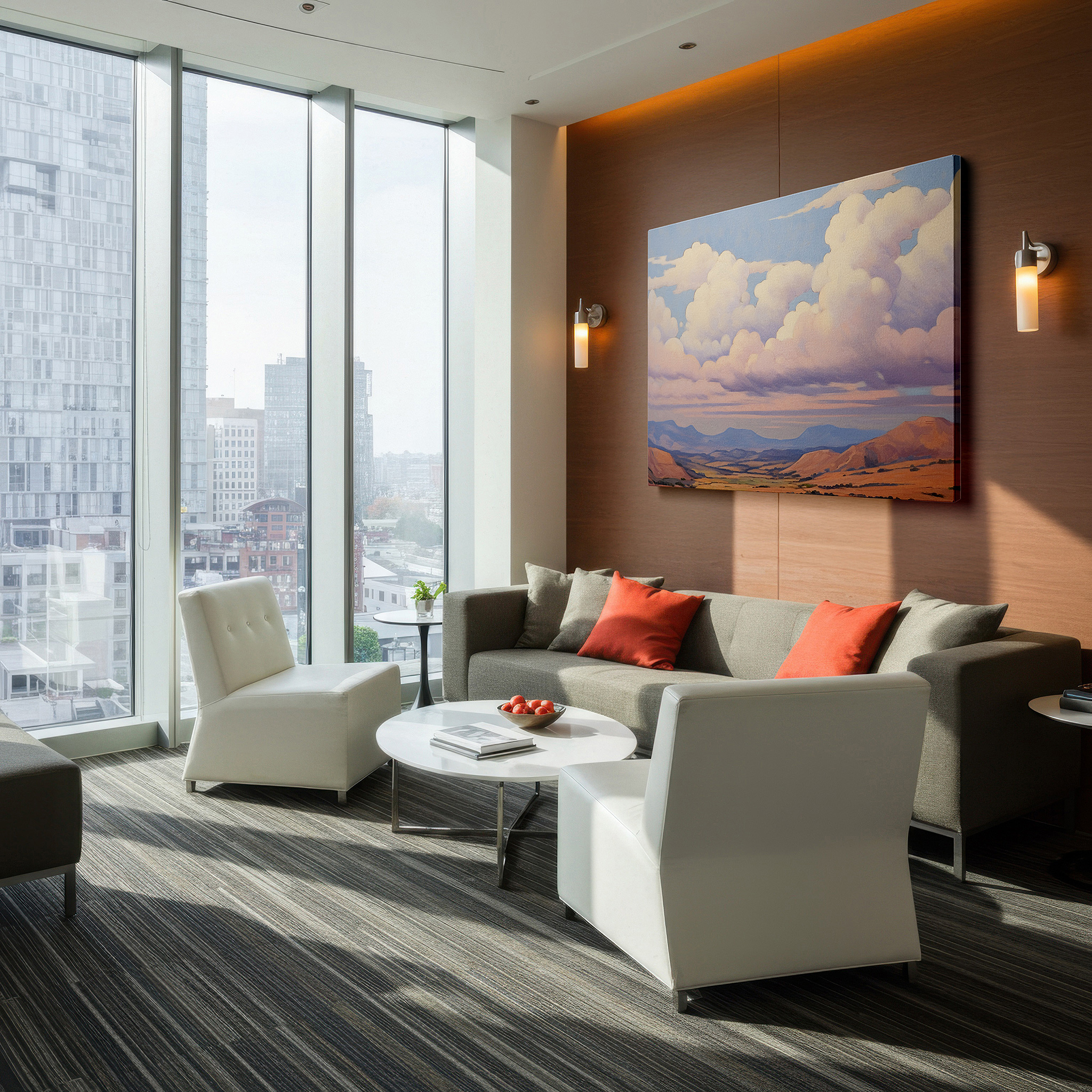 Displayed above a contemporary leather sofa in warm light — ethereal clouds and gentle mountains tranquil landscape large wall art, canvas wall art, wall art decor for office, bedroom, and living spaces