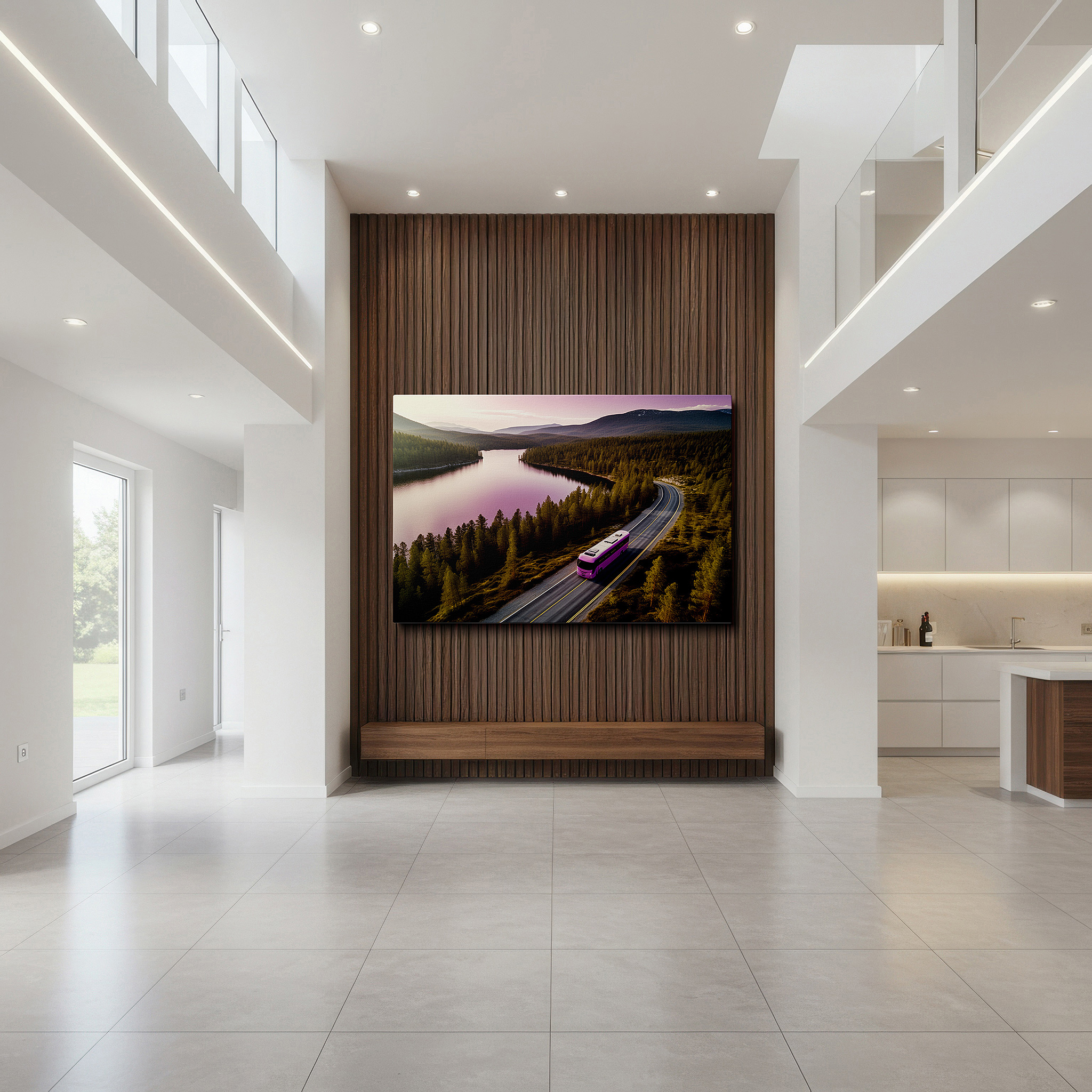 Displayed above a contemporary leather sofa in warm light — explore the tranquil lake road with a chic pink bus surrounded by lush mountains - large wall art, canvas wall art, wall decor for office