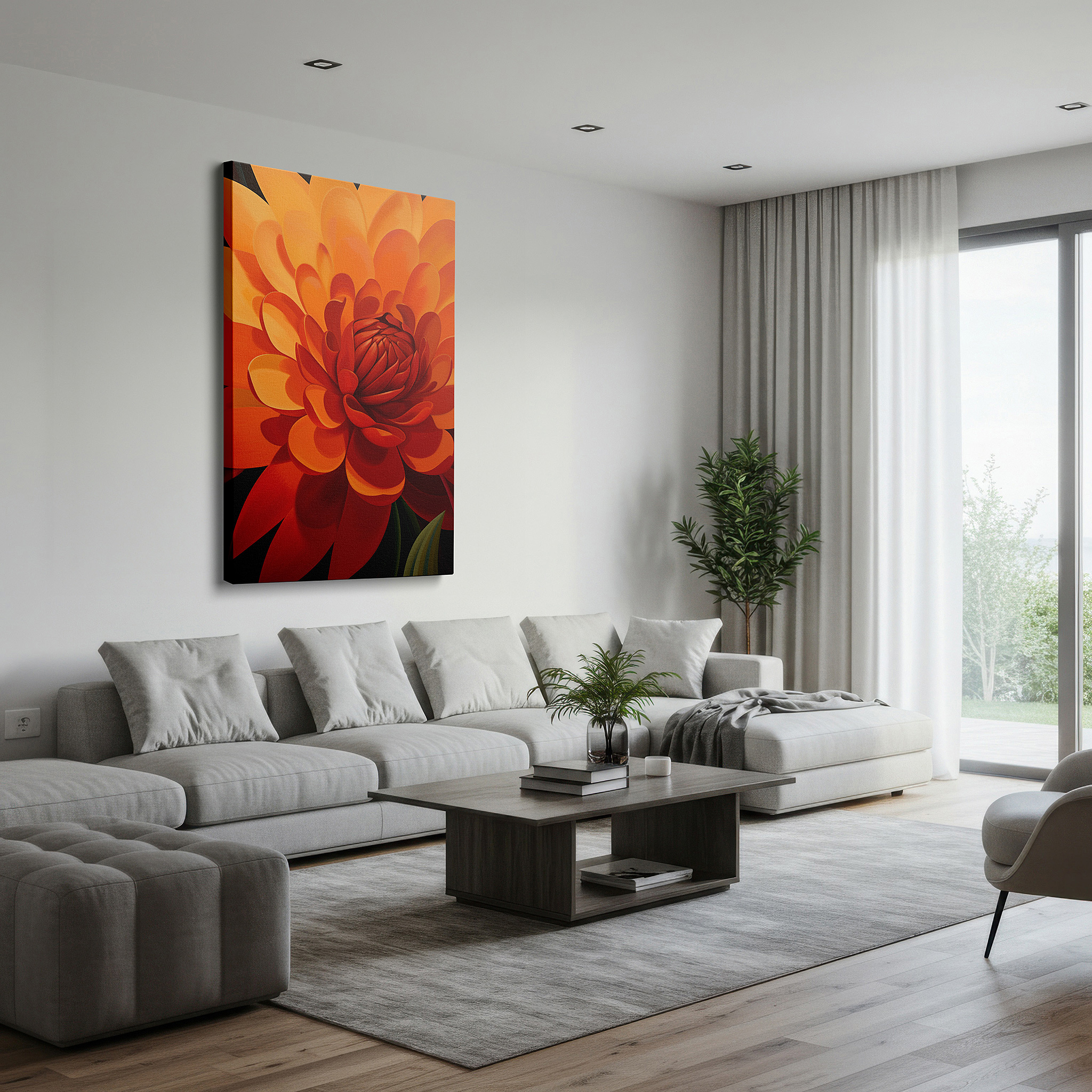 Displayed above a contemporary leather sofa in warm light — exquisite orange flower artwork celebrating nature's beauty and detail - large canvas wall decor for offices