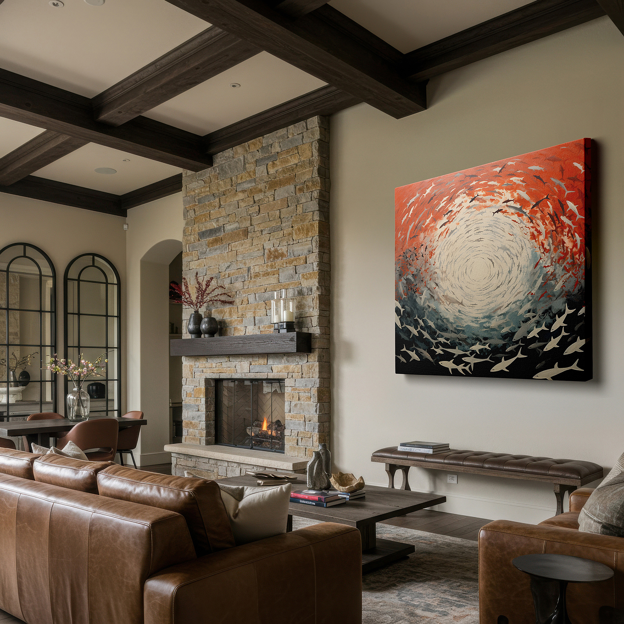 Displayed above a contemporary leather sofa in warm light — fiery depths sharks: a balletic display of nature's fierce beauty - large canvas wall art for office and bedroom decor