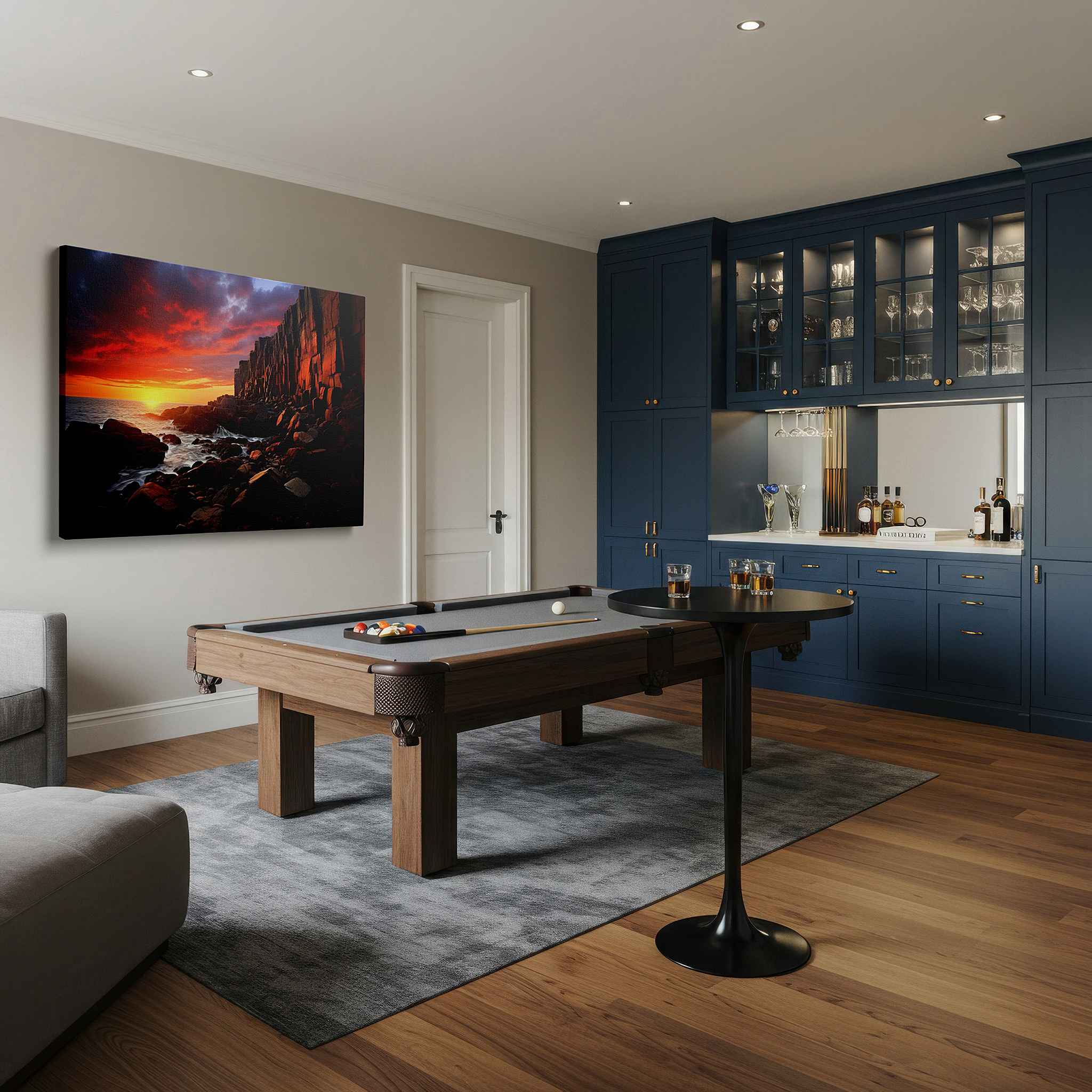 Displayed above a contemporary leather sofa in warm light — fiery sunset over rugged coastline, dramatic sky and formidable rocks large wall art, canvas wall art, wall decor for office and bedroom