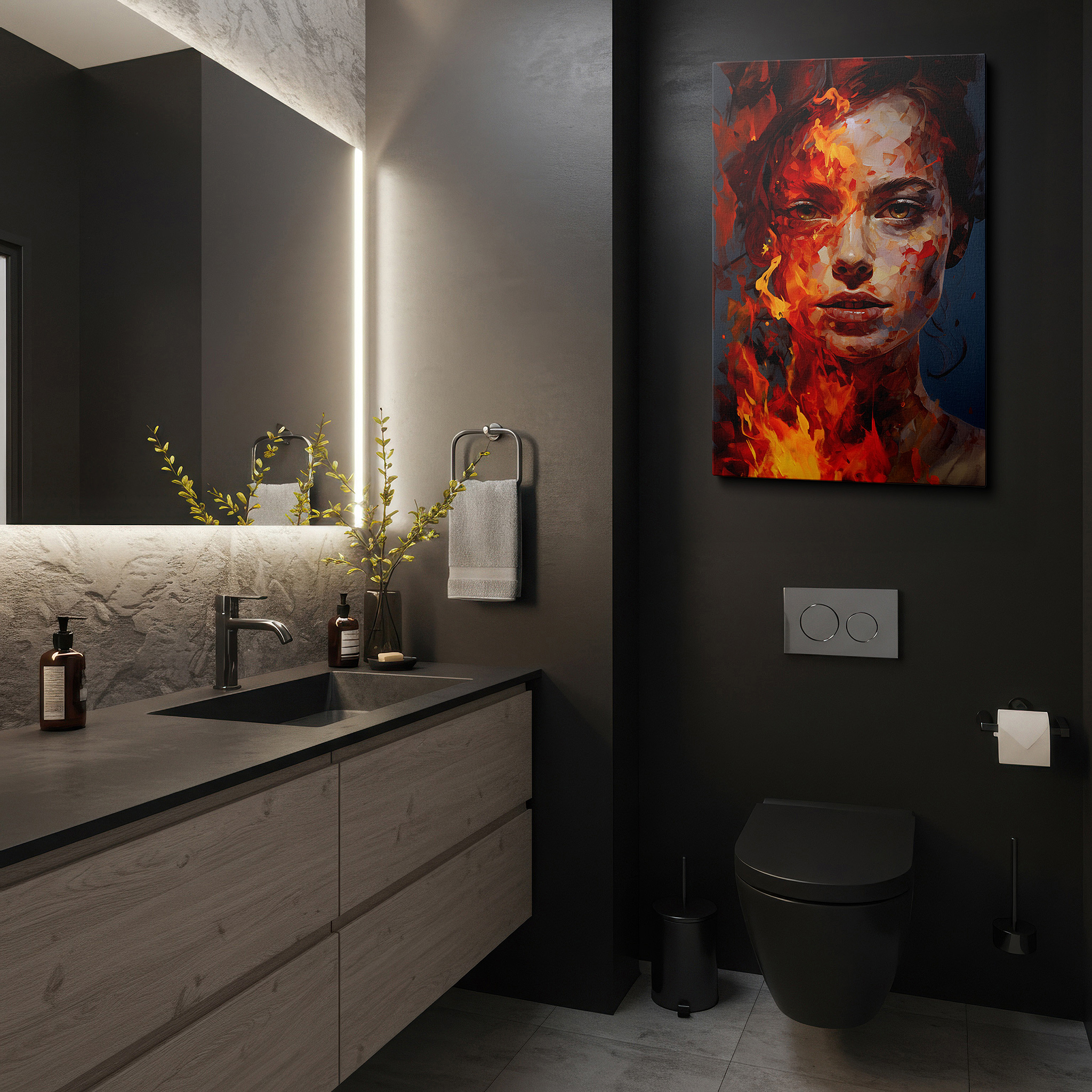 Displayed above a contemporary leather sofa in warm light — flames of passion and resilience in a woman's intense gaze: large wall art, canvas wall art, wall decor for office, bedroom, and living room
