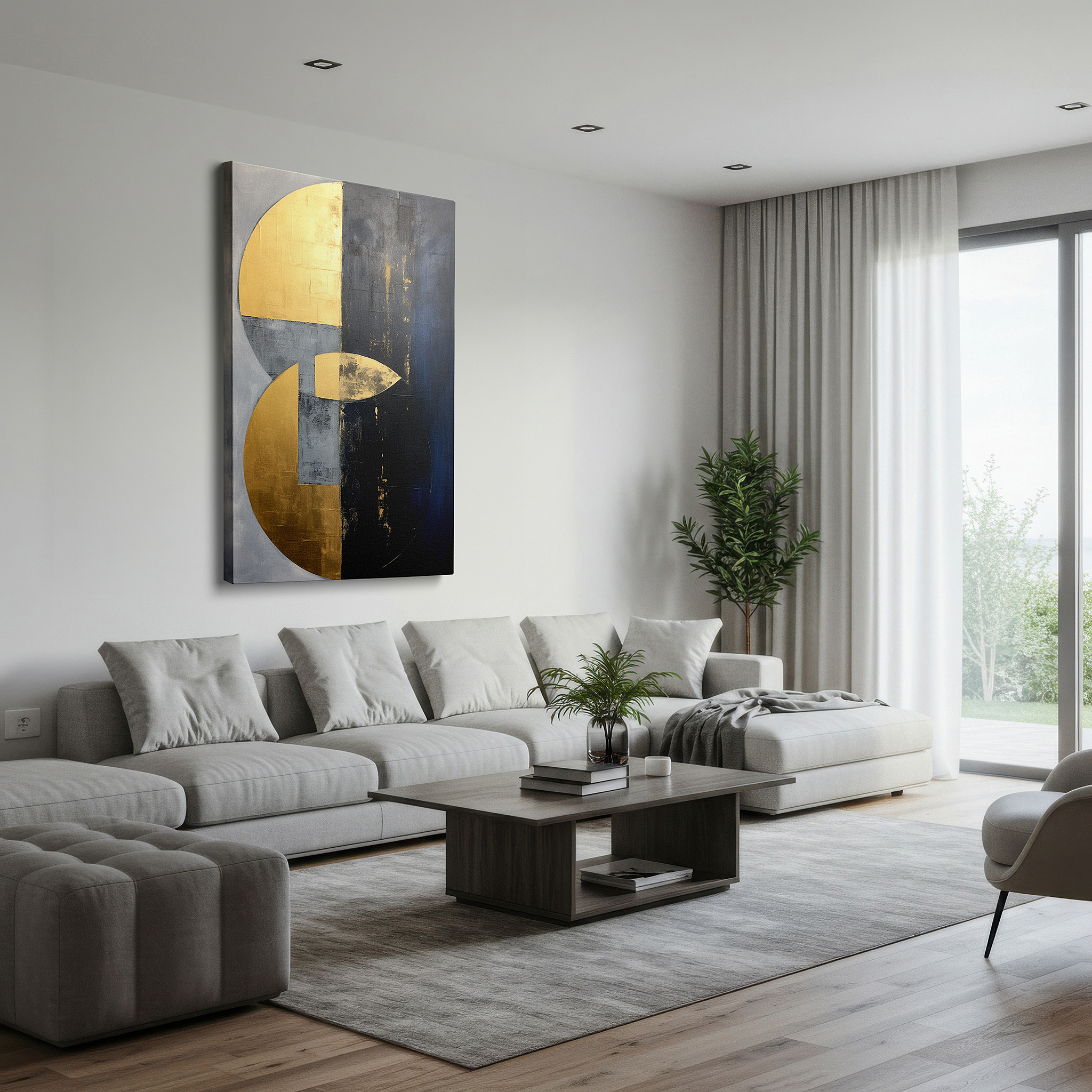 Displayed above a contemporary leather sofa in warm light — gold, gray, and black geometric elegance with bold circular motifs: large wall art for office and bedroom decor