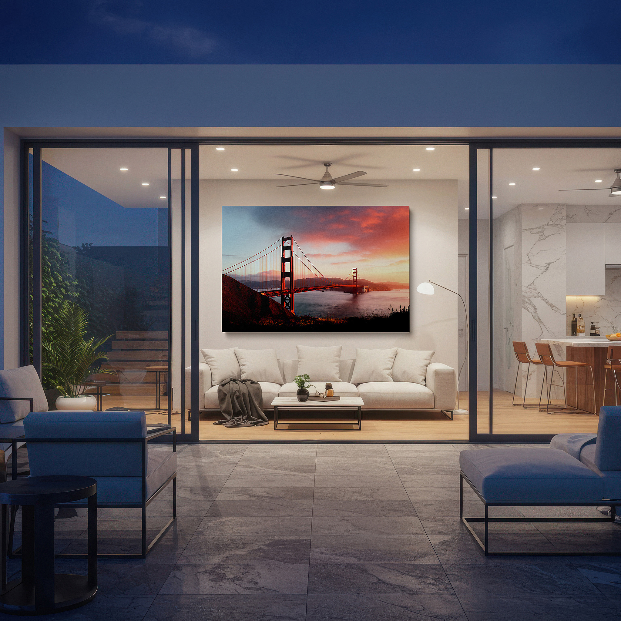 Displayed above a contemporary leather sofa in warm light — golden gate bridge at sunset: a stunning display of san francisco's iconic beauty - large canvas wall art for home and office decor