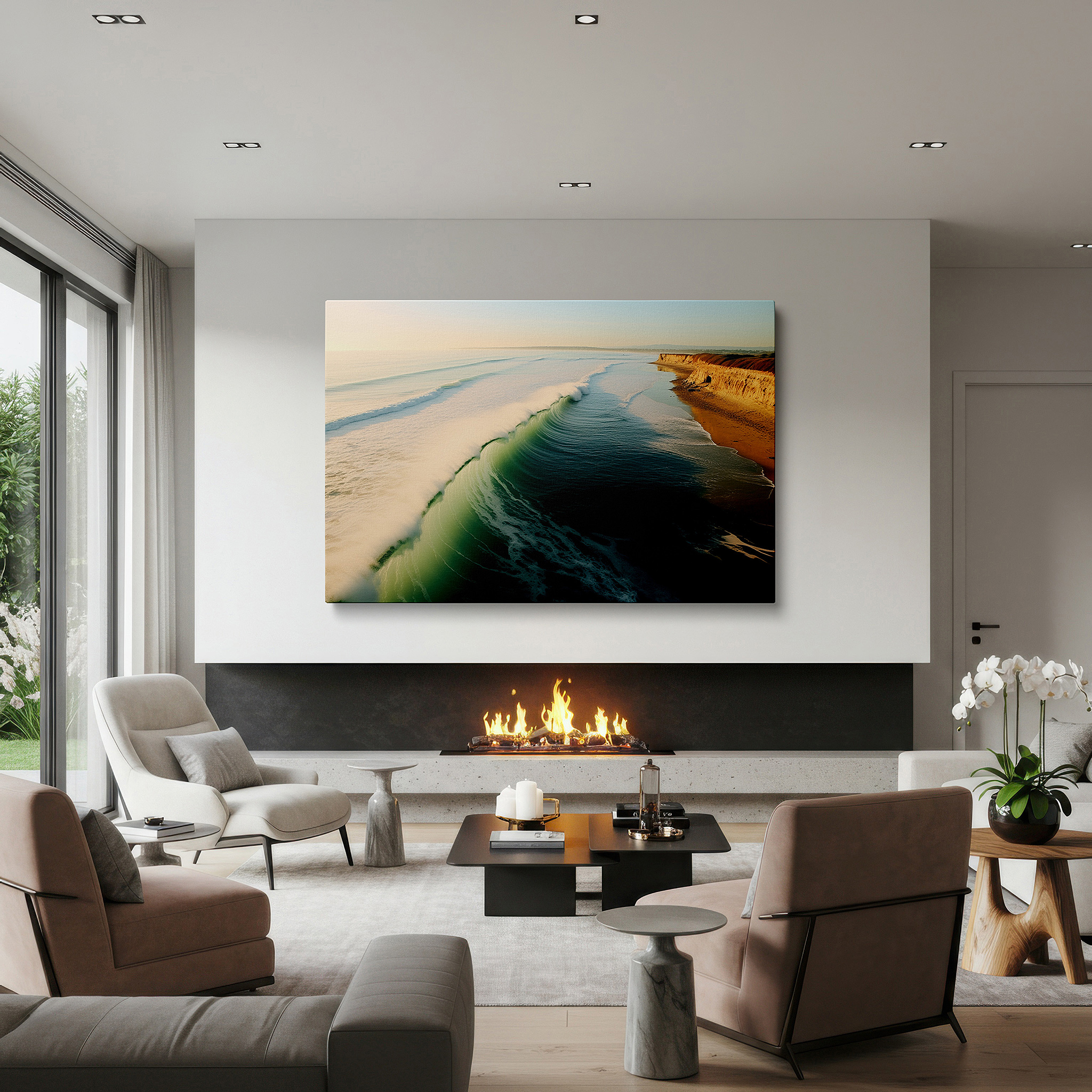 Displayed above a contemporary leather sofa in warm light — golden hour serenity: tranquil aerial coastal landscape - large canvas wall art for office and bedroom decor