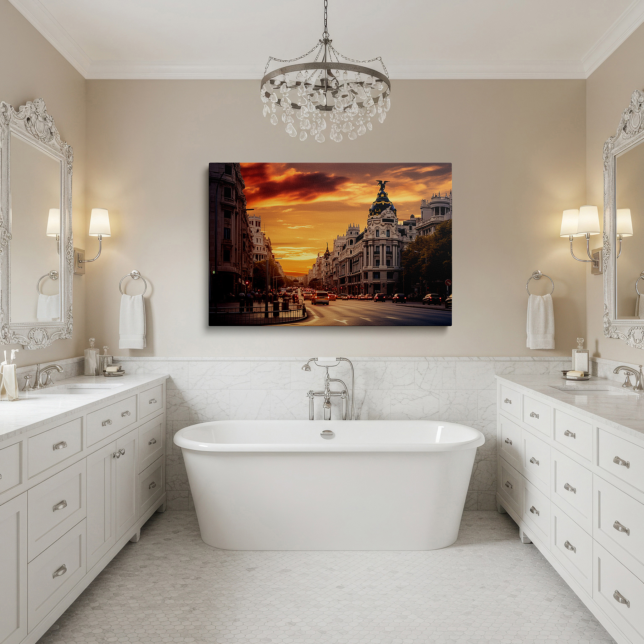 Displayed above a contemporary leather sofa in warm light — golden sunset on historic european street: a blend of architectural grandeur and celestial charm - large wall art, canvas wall art, wall decor