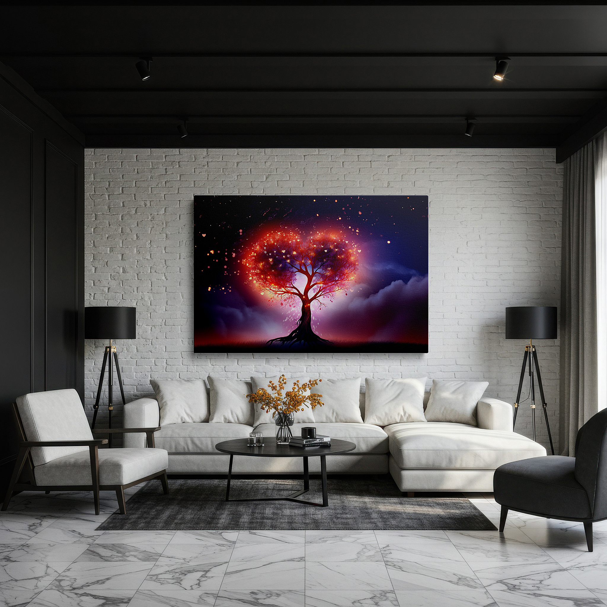 Displayed above a contemporary leather sofa in warm light — heart-shaped tree under twilight sky with twinkling stars large canvas wall art for office and bedroom decor
