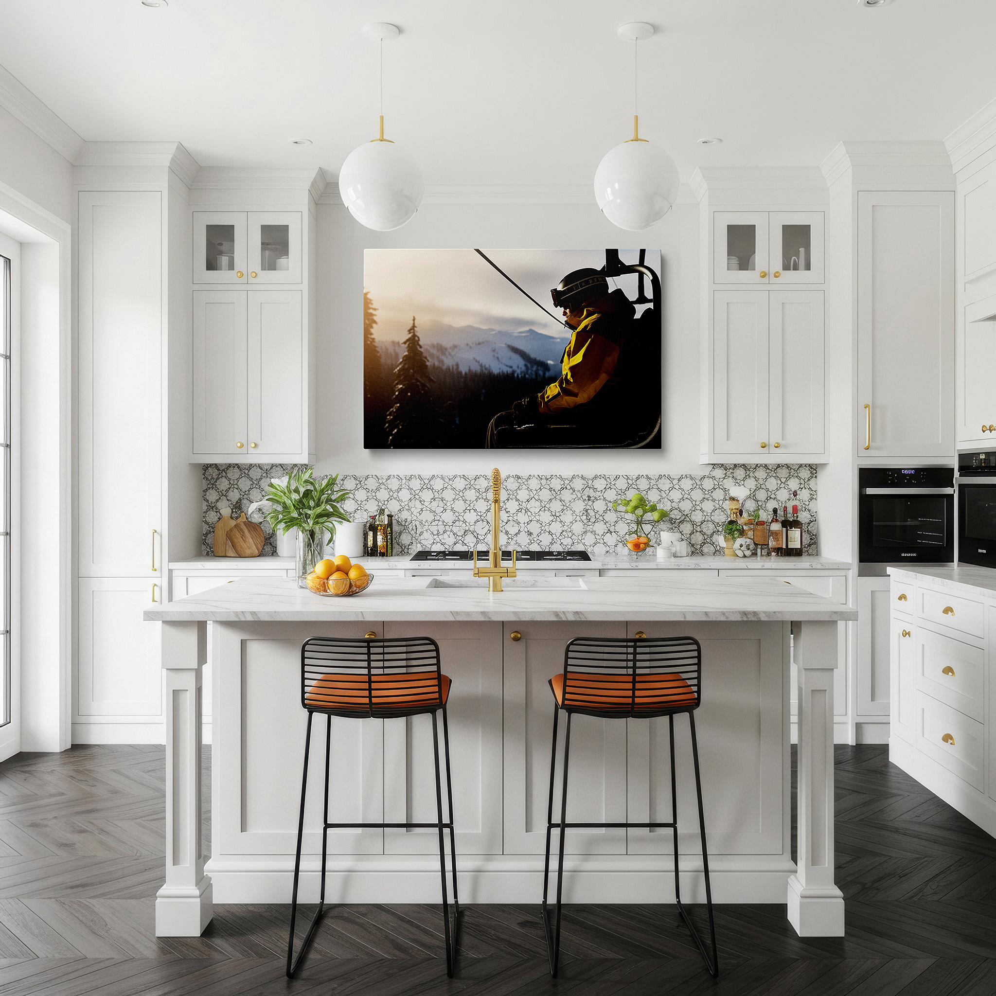 Displayed above a contemporary leather sofa in warm light — lone skier ascending in chairlift against snow-capped peaks at dusk - large canvas wall art for office and bedroom decor