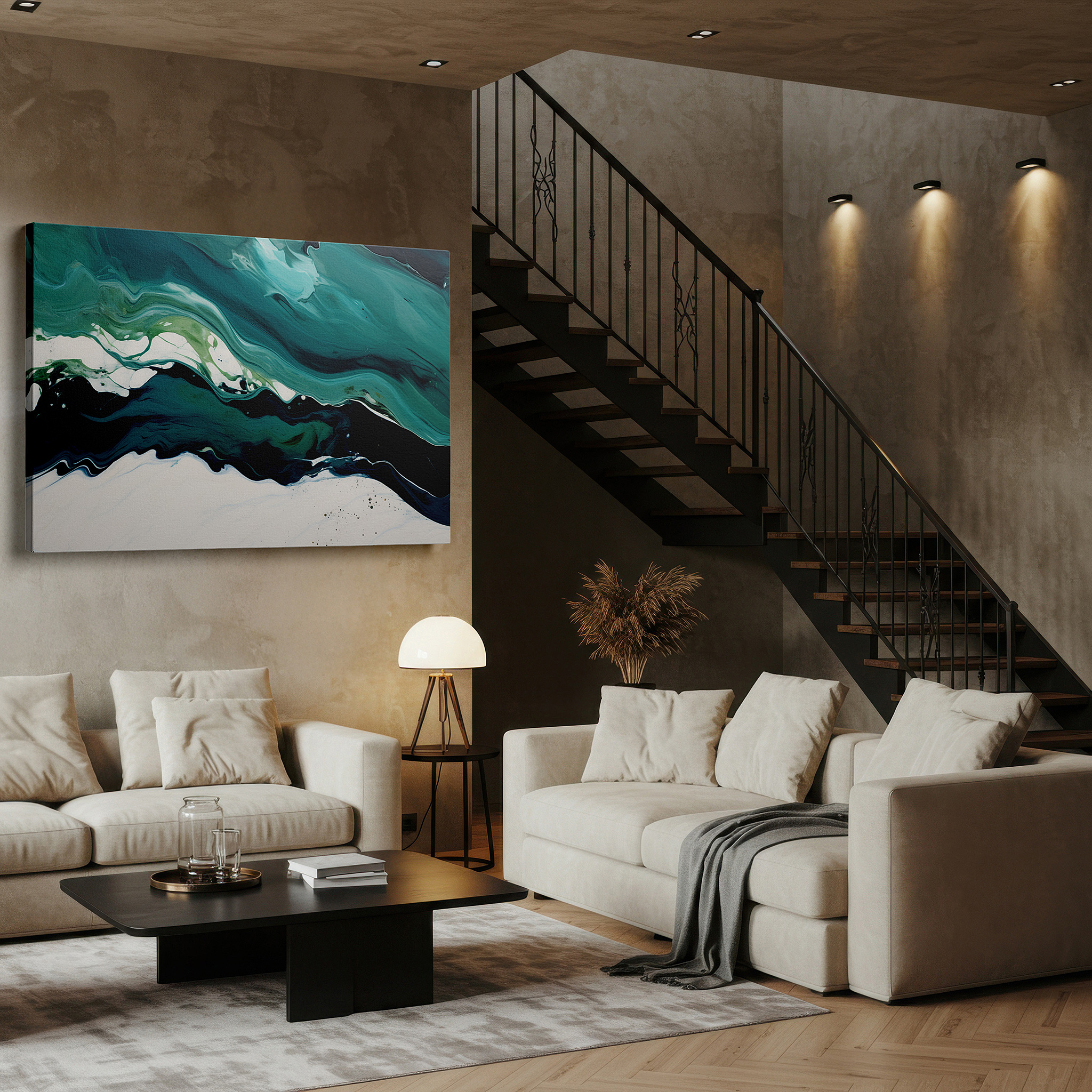 Displayed above a contemporary leather sofa in warm light — lush green waves and tranquil depths: celebrating nature's serenity - large canvas wall art for office and bedroom decor