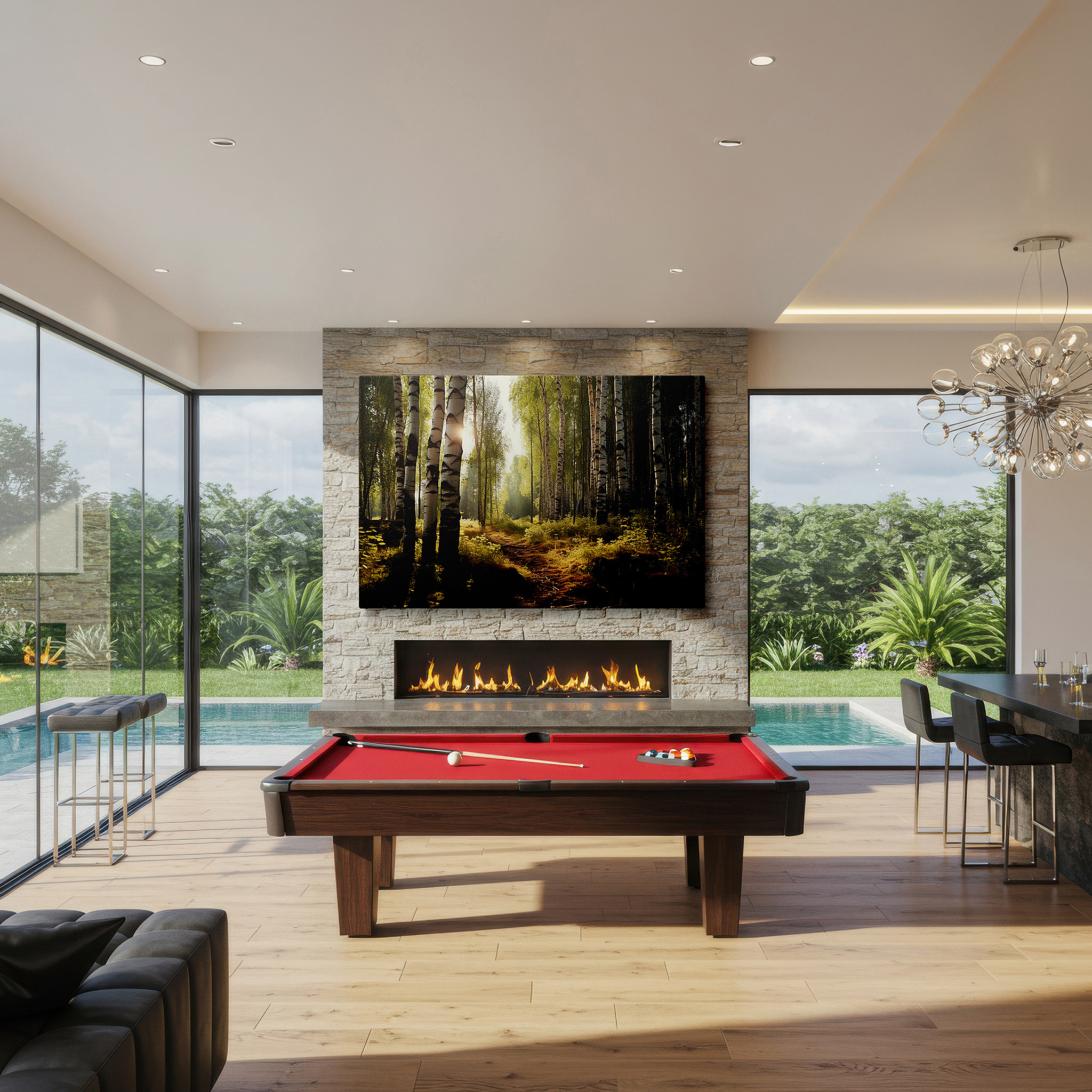 Displayed above a contemporary leather sofa in warm light — majestic birches and dancing light in a lush forest sanctuary: large canvas wall art for office, living room, and bedroom decor