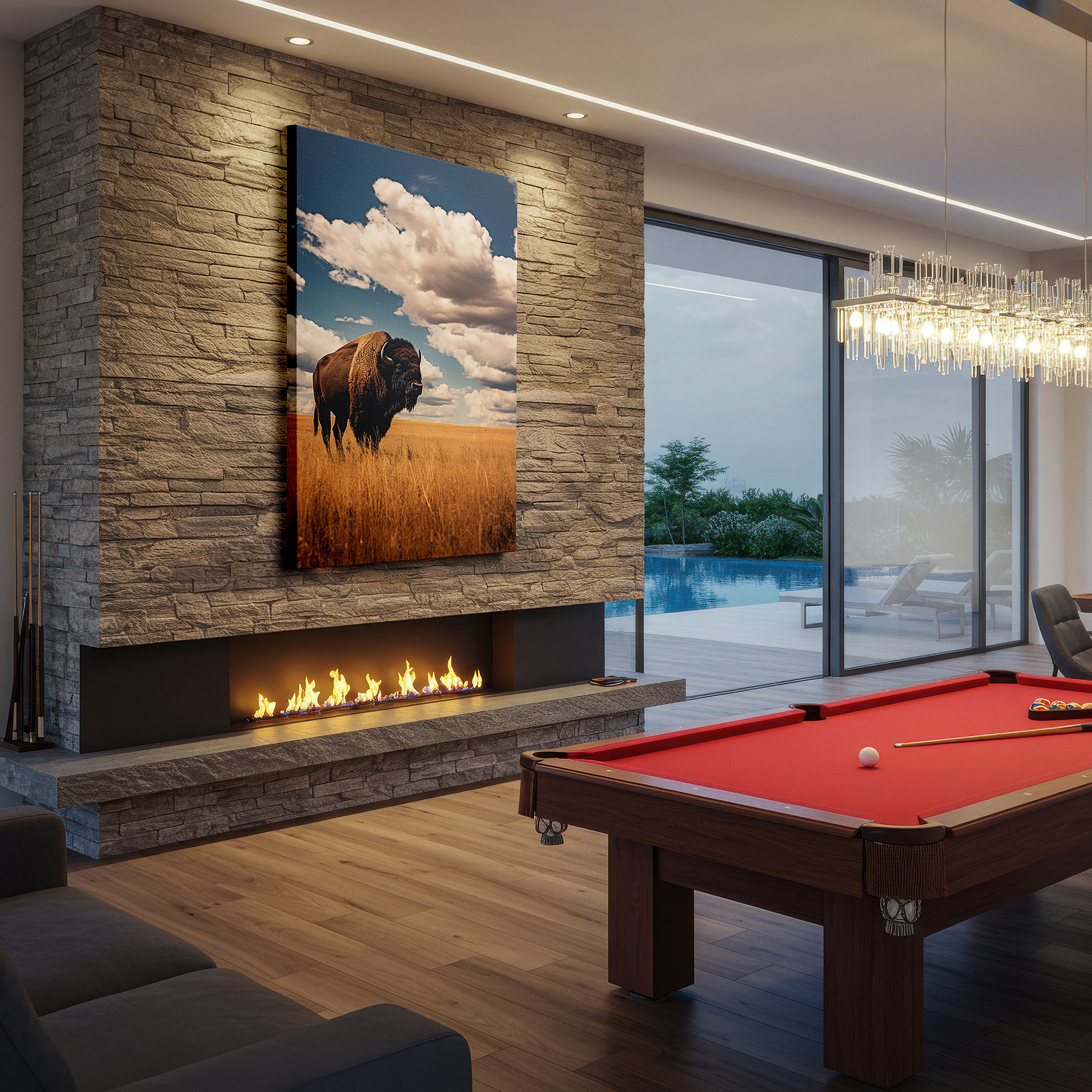 Displayed above a contemporary leather sofa in warm light — majestic bison on golden prairie under expansive blue sky - large canvas wall art for office, bedroom, and living room decor