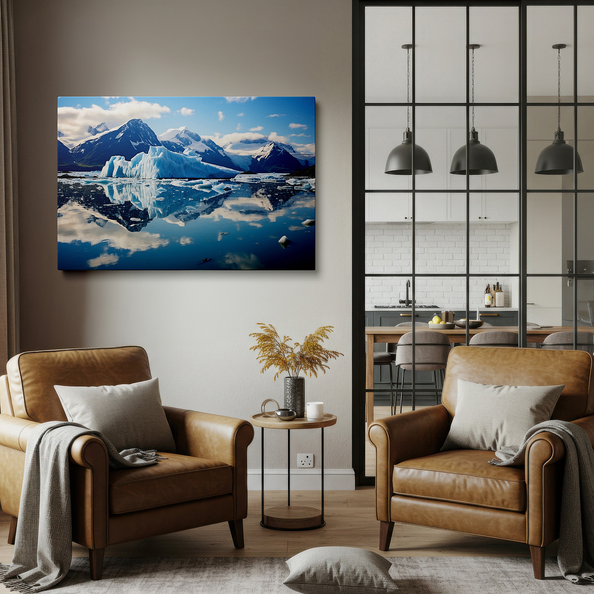Displayed above a contemporary leather sofa in warm light — majestic iceberg and mountain reflections large canvas wall art for office, bedroom, and living room decor