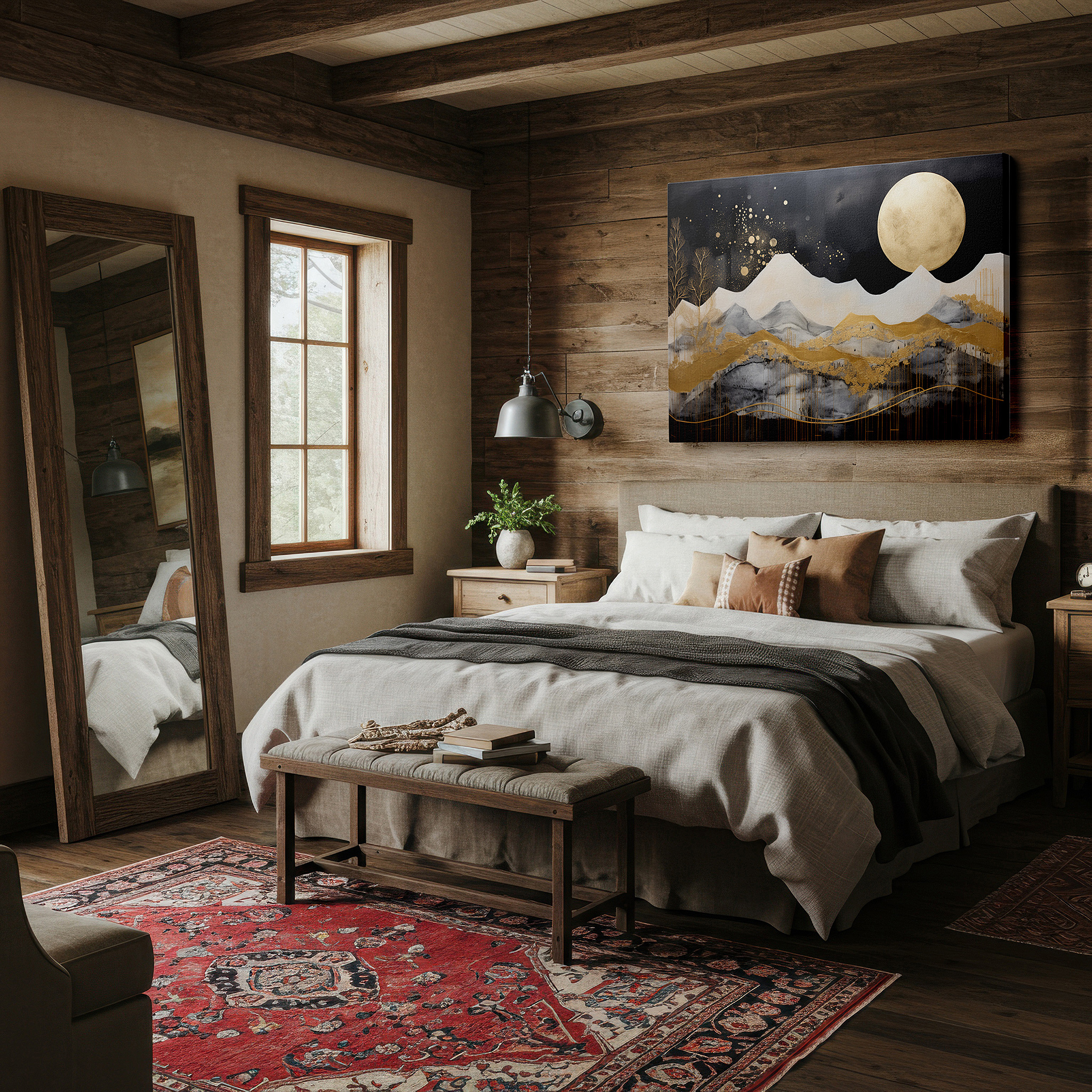 Displayed above a contemporary leather sofa in warm light — majestic peaks and golden moonlight: a symphony of nature and cosmos - abstract large wall art, canvas wall art, wall decor for offices