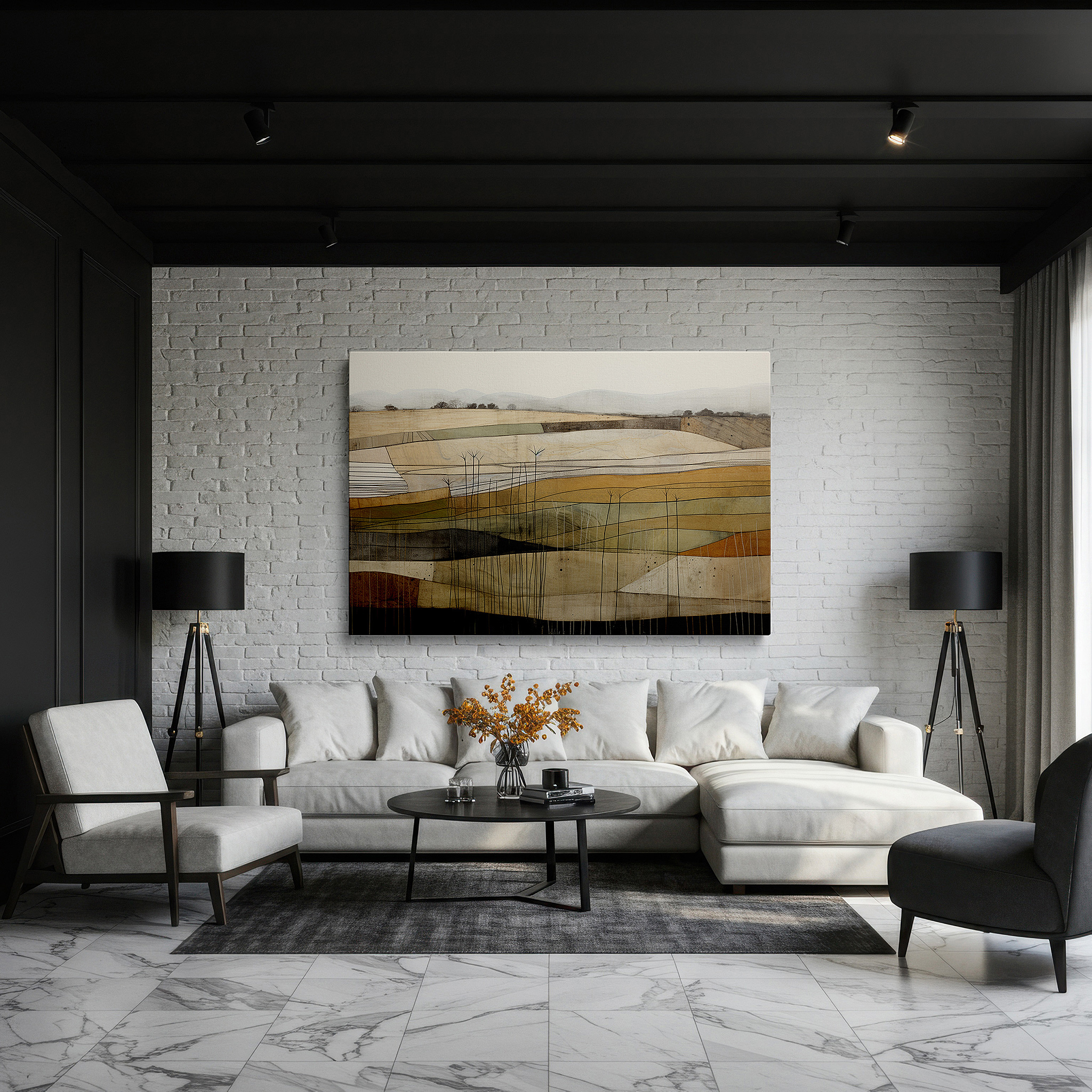 Displayed above a contemporary leather sofa in warm light — minimalist landscape with tranquil fields and soft earth tones, large canvas wall art for office and bedroom decor