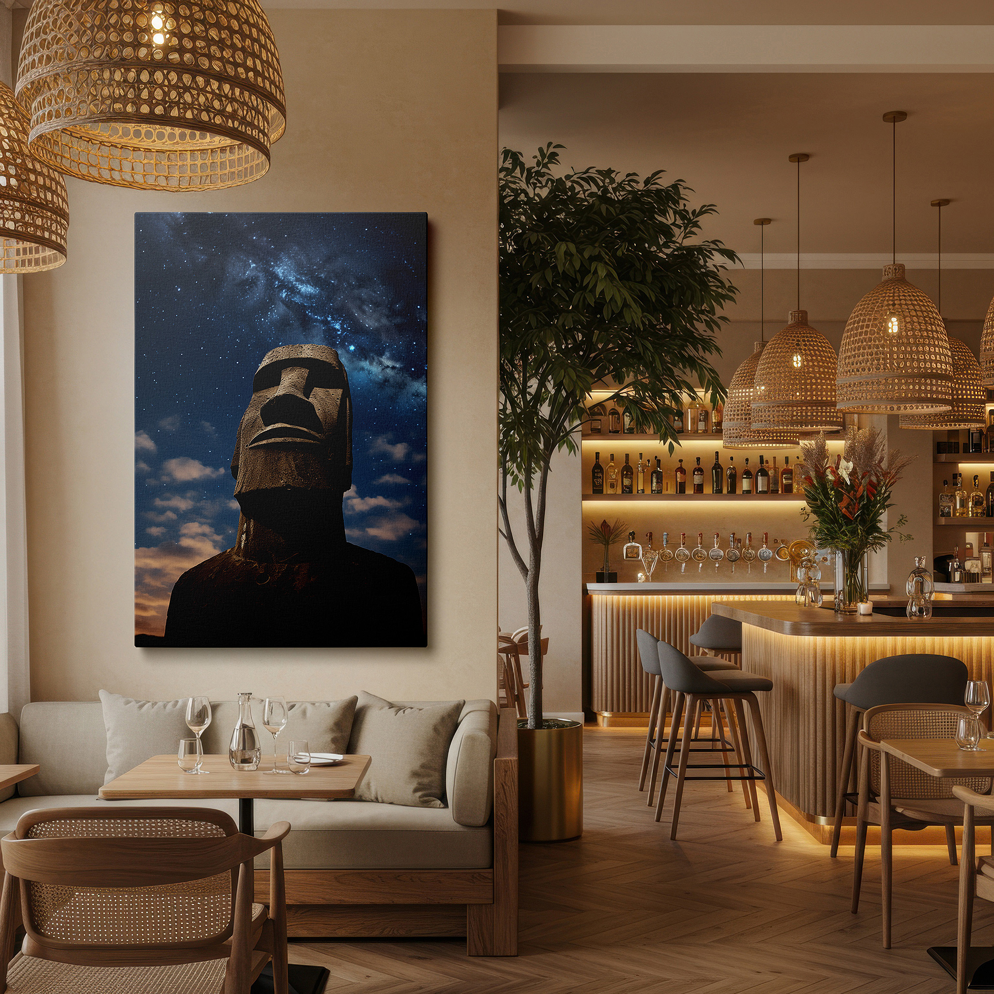 Displayed above a contemporary leather sofa in warm light — moai statue beneath a starlit sky: a celestial dance of ancient mystique and cosmic wonder - large wall art, canvas wall art, wall decor for office