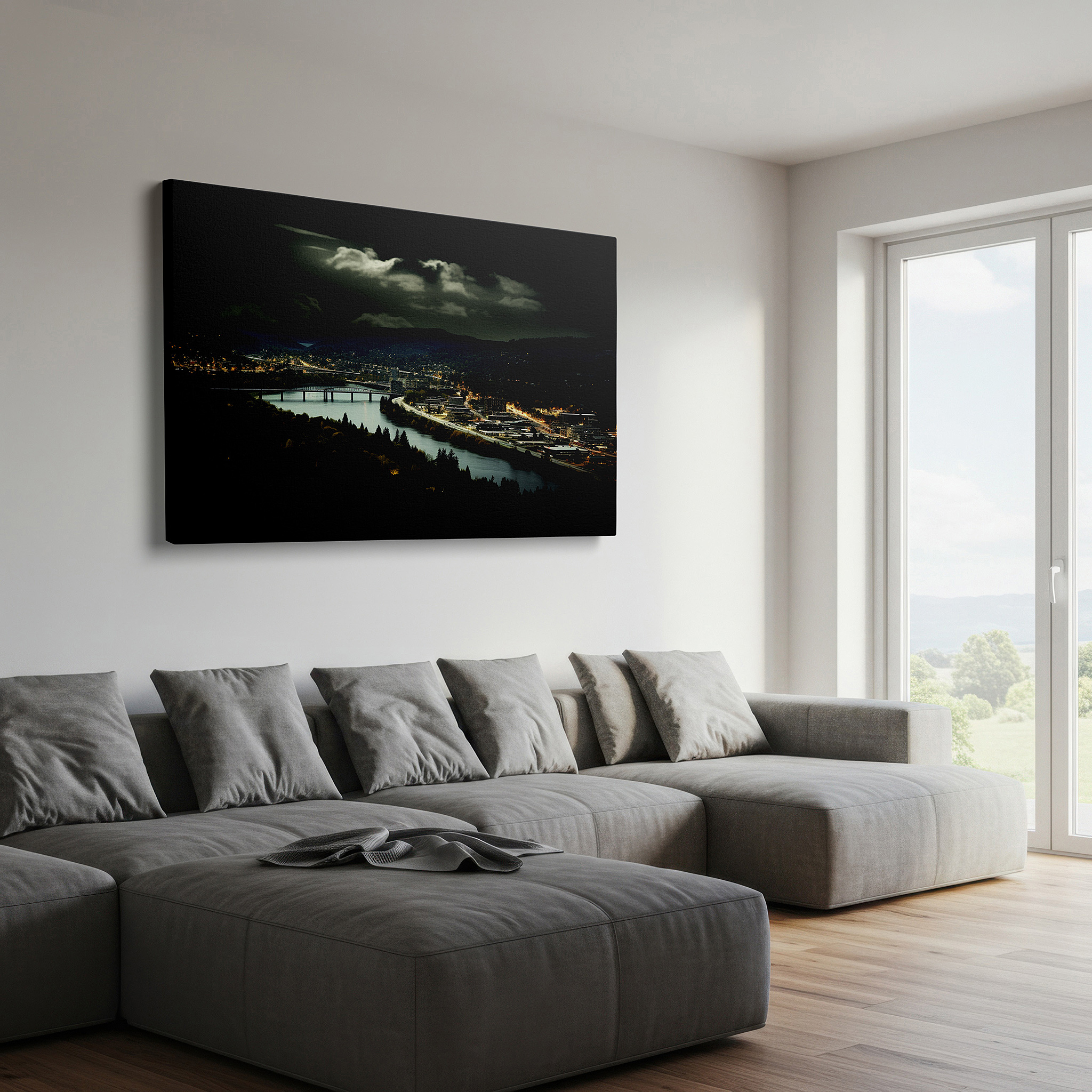 Displayed above a contemporary leather sofa in warm light — moonlit tranquil river valley: a nocturnal blend of nature and urban elegance - large canvas wall art for home and office decor