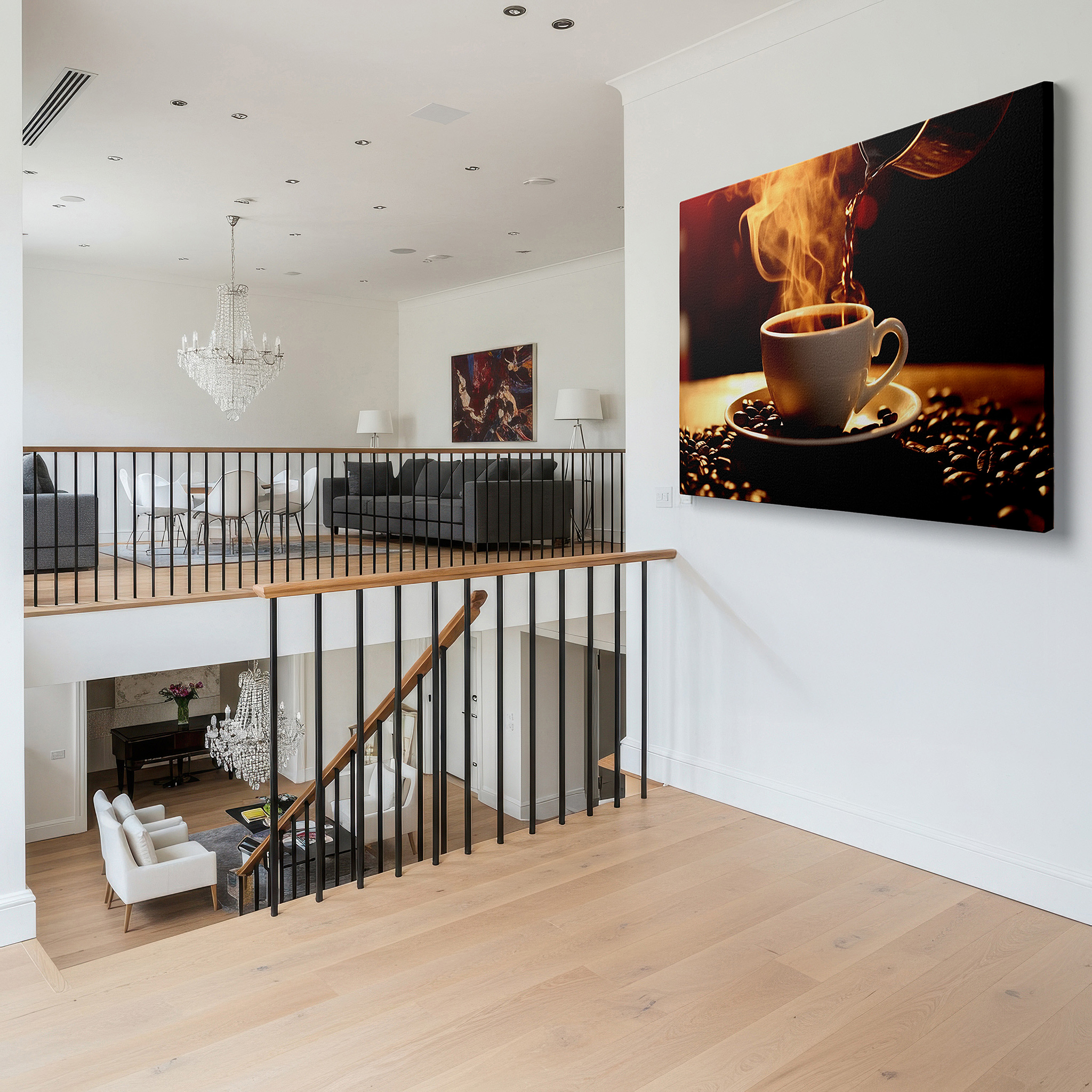 Displayed above a contemporary leather sofa in warm light — morning ritual featuring steaming coffee and shiny beans large wall art, canvas wall decor, office wall decor, bedroom wall decor, living room wall art