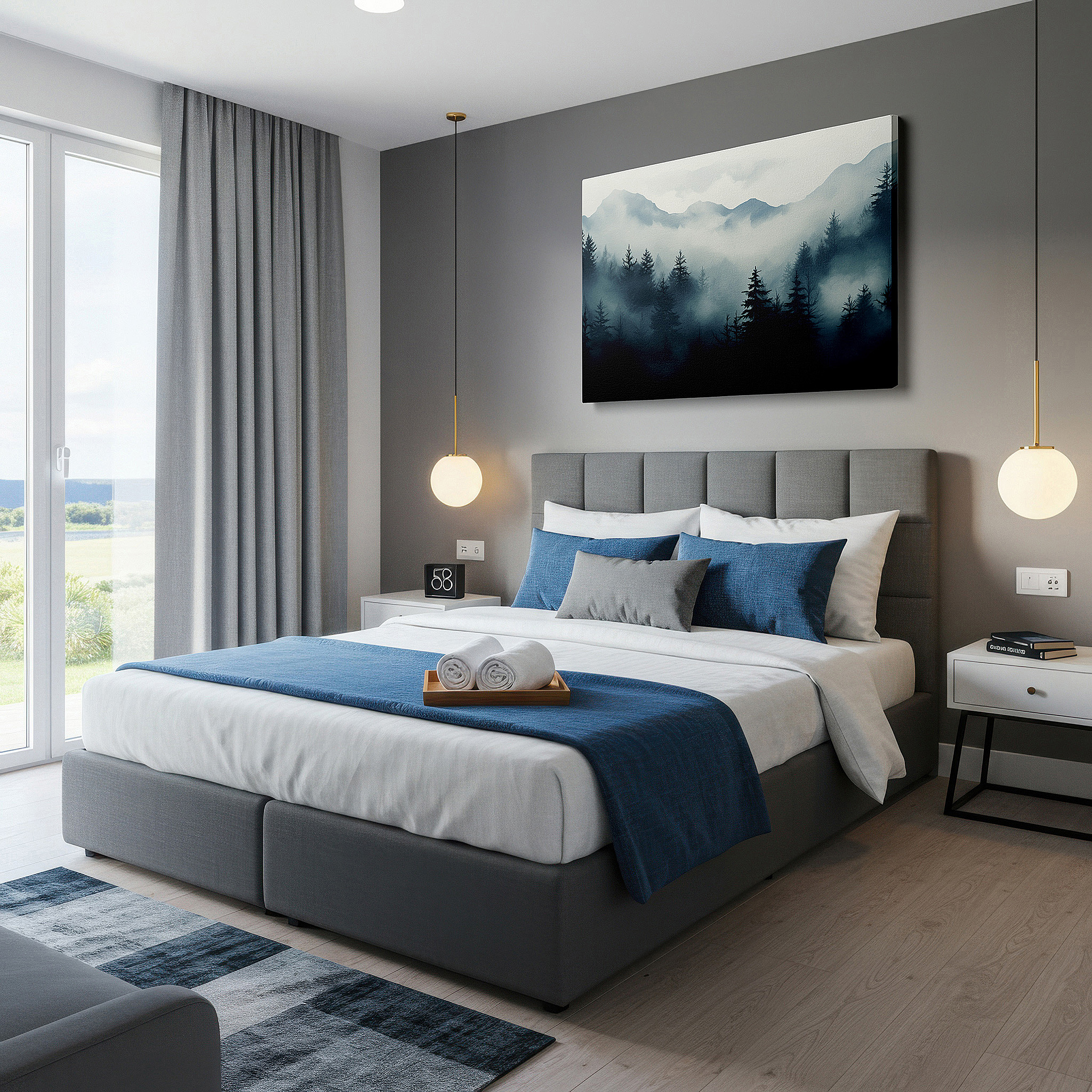 Displayed above a contemporary leather sofa in warm light — mystical mountain fog - gateway to wild natural beauty and secrets large wall art, canvas wall art, wall decor, office wall art, bedroom wall art