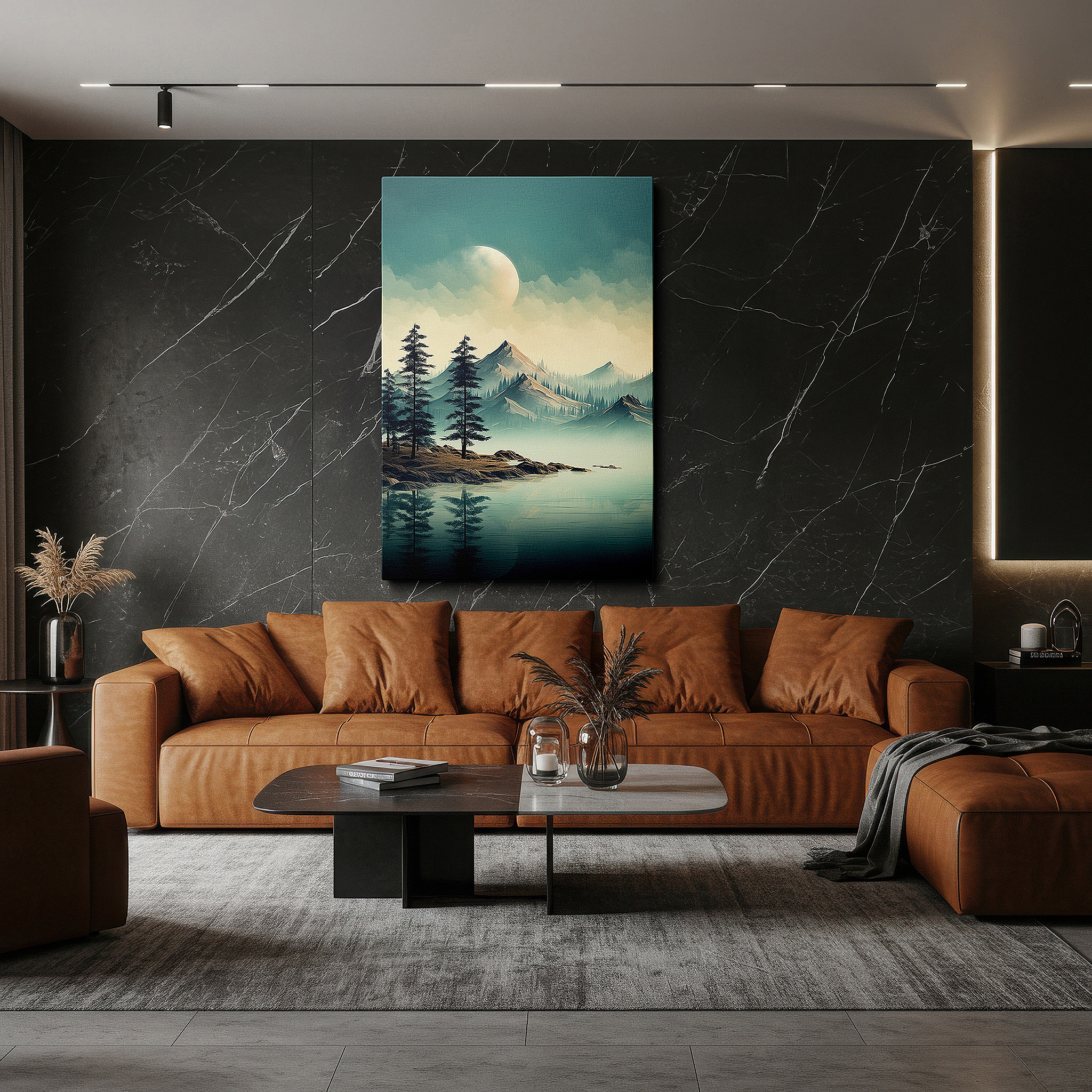 Displayed above a contemporary leather sofa in warm light — mystical twilight majesty on ethereal mountain large canvas wall art for office, bedroom, and living room decor