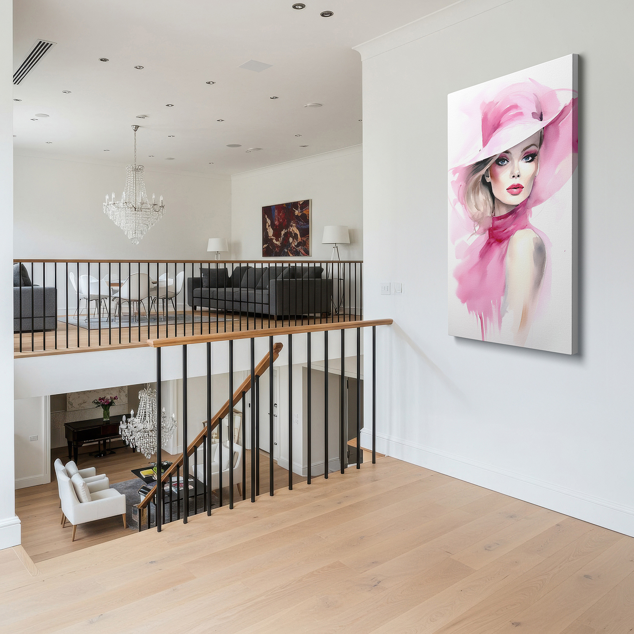 Displayed above a contemporary leather sofa in warm light — pink essence of elegance: stylish and confident woman large wall art, canvas decor for office and bedroom