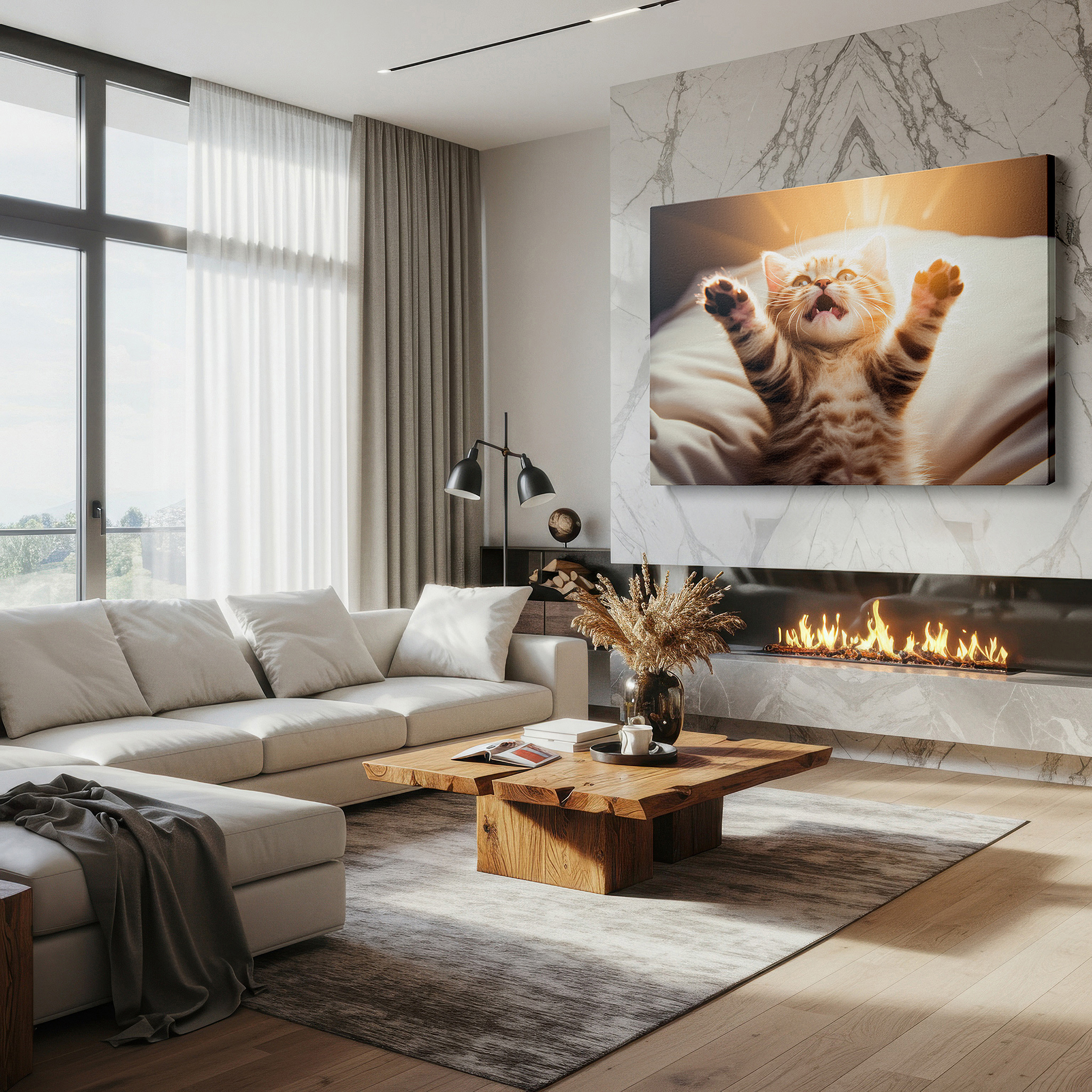 Displayed above a contemporary leather sofa in warm light — playful kitten in morning sunlight wall art - capturing youthful exuberance and curiosity - ideal for office and bedroom decor, available as large canvas