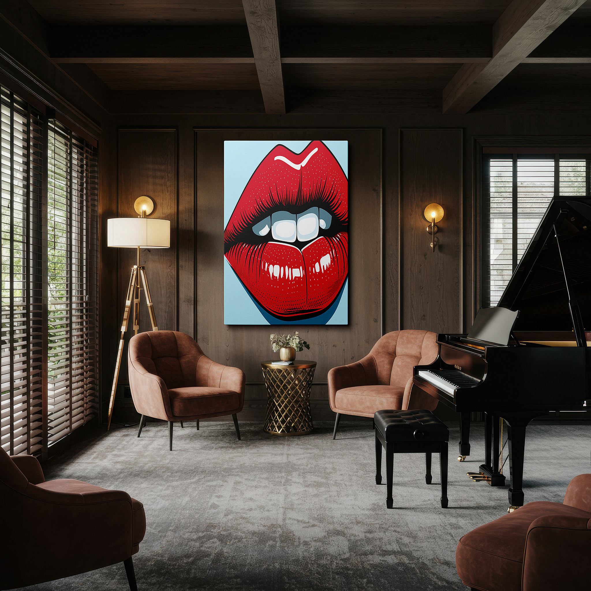 Displayed above a contemporary leather sofa in warm light — plush red lips symbolize beauty and confidence: ideal for modern decor, large canvas wall art for offices and bedrooms