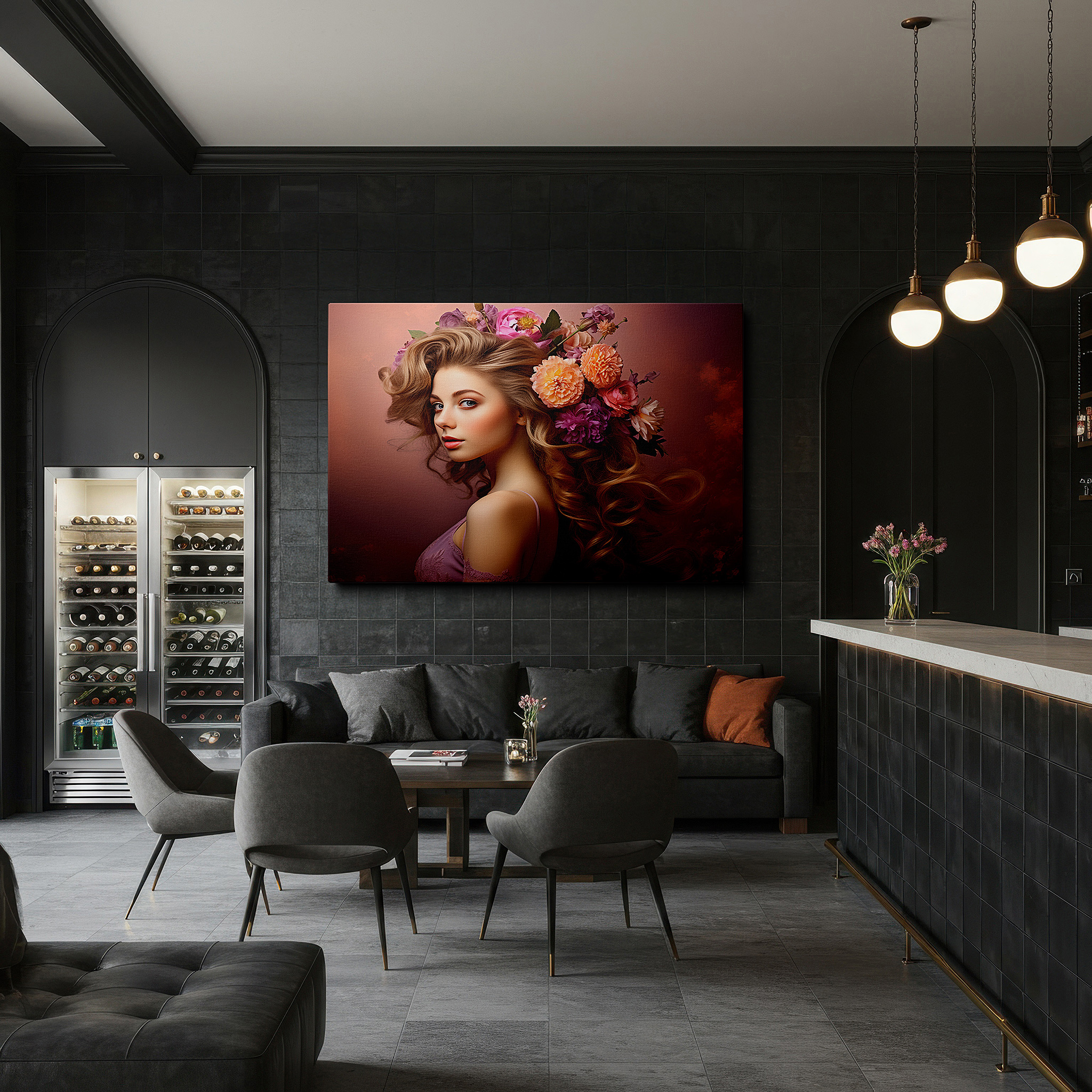 Displayed above a contemporary leather sofa in warm light — radiant woman with floral crown celebrating life and nature - large canvas wall art for office, bedroom, and living room decor