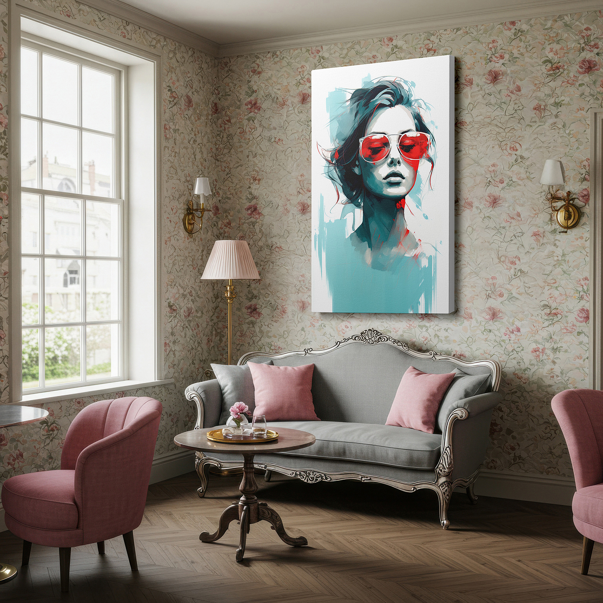 Displayed above a contemporary leather sofa in warm light — red sunglasses: a portrait of modern femininity, style, and confidence - chic large wall art for home and office decor