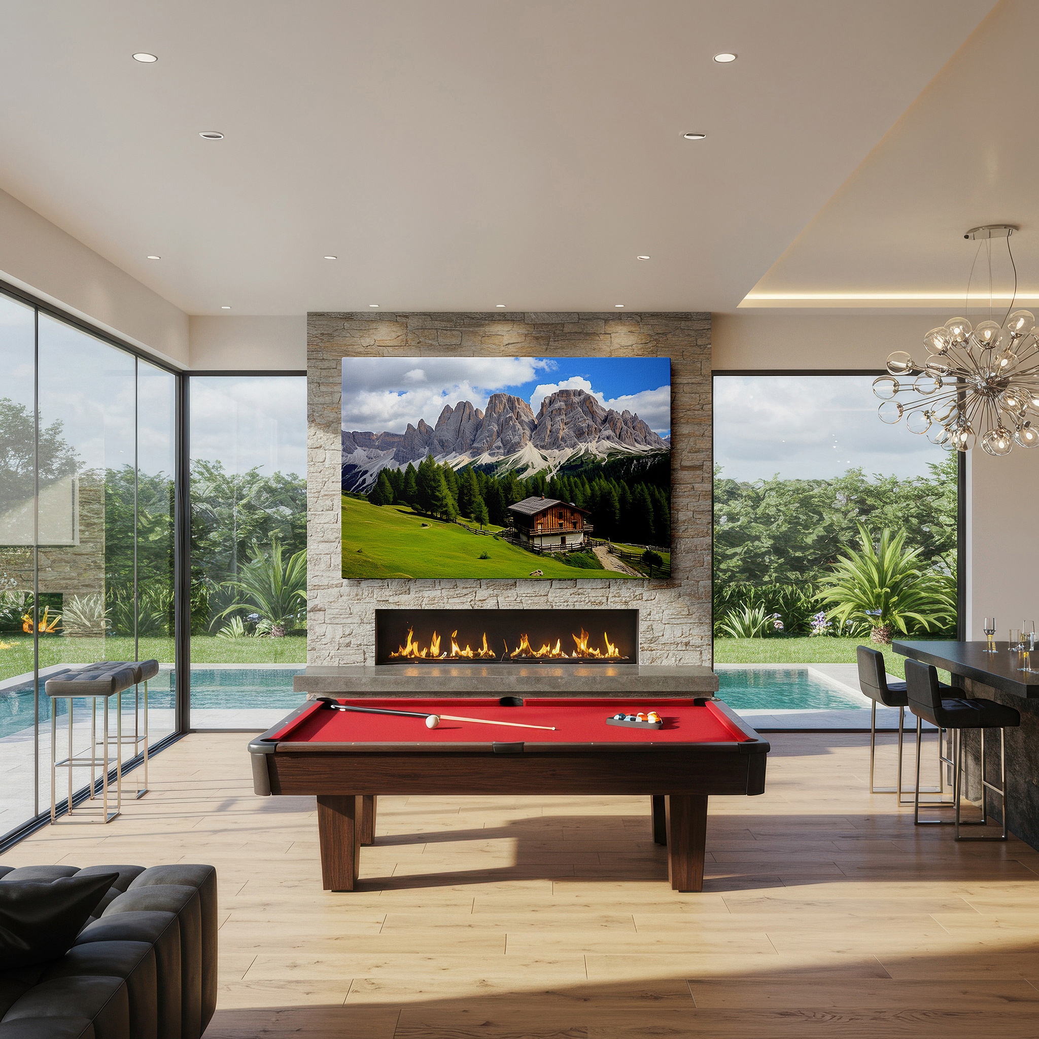 Displayed above a contemporary leather sofa in warm light — rustic cabin amidst lush meadows with majestic dolomite peaks - large wall art for office, bedroom, and living room decor
