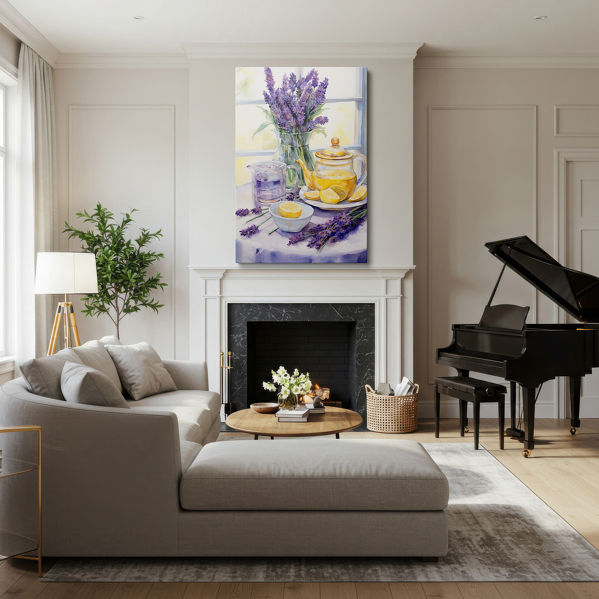 Displayed above a contemporary leather sofa in warm light — serene afternoon wall art: tea, lemons, and lavender in sunlit elegance - large canvas decor for office and bedroom