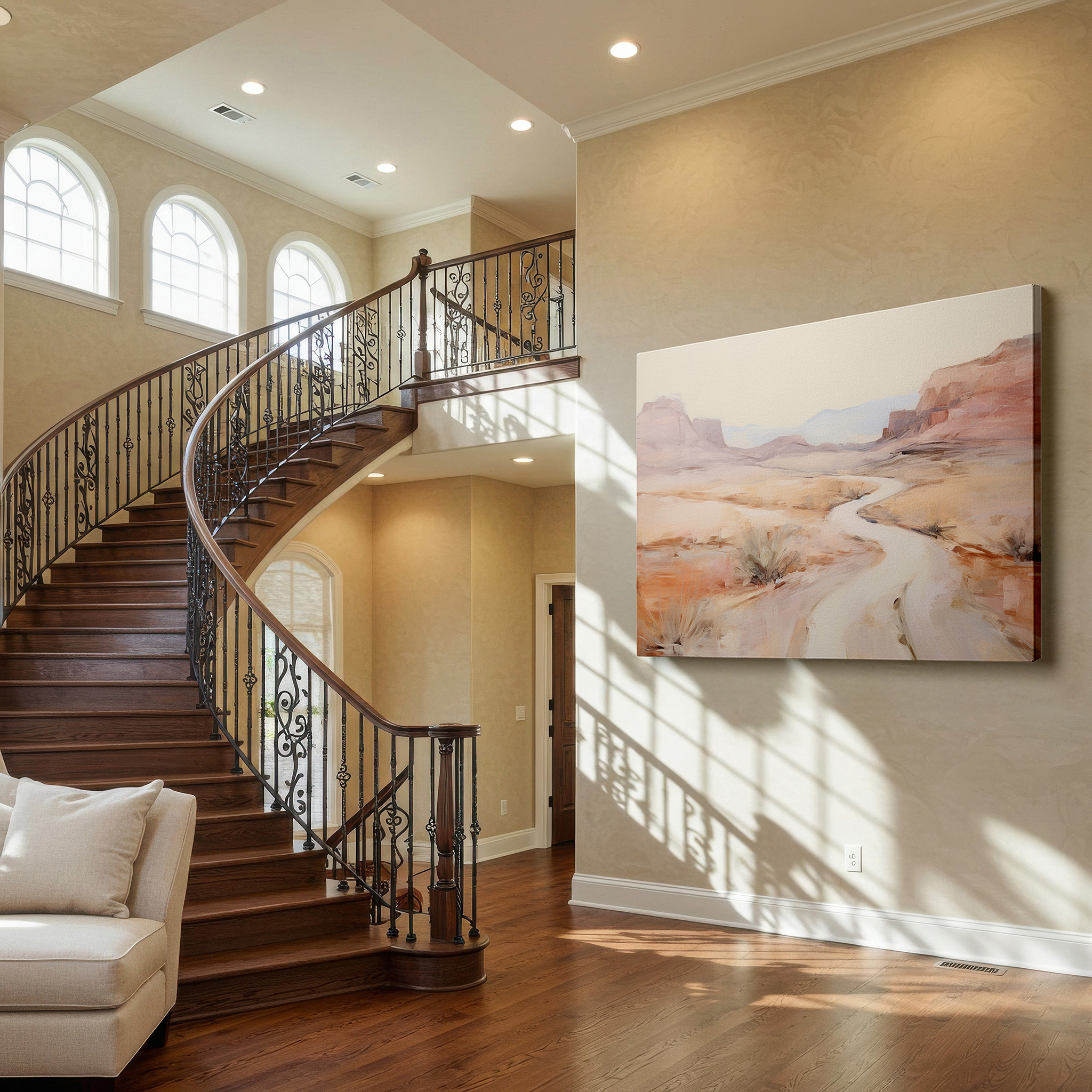 Displayed above a contemporary leather sofa in warm light — serene desert pathway - tranquil journey through expansive wilderness large wall art, canvas wall art, wall decor for office and bedroom