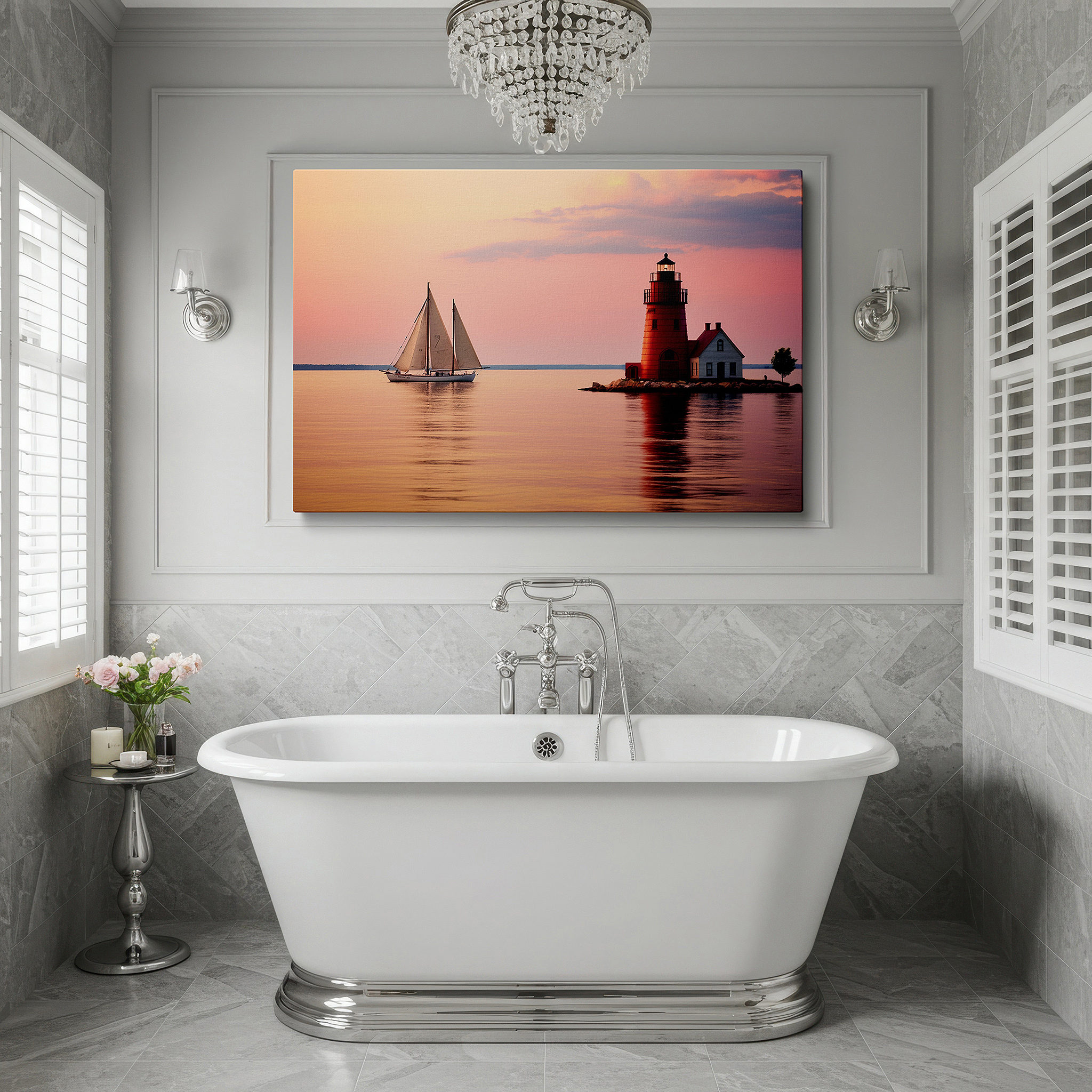 Displayed above a contemporary leather sofa in warm light — serene maritime canvas art featuring red lighthouse and sailboat at twilight - large wall decor for office and bedroom