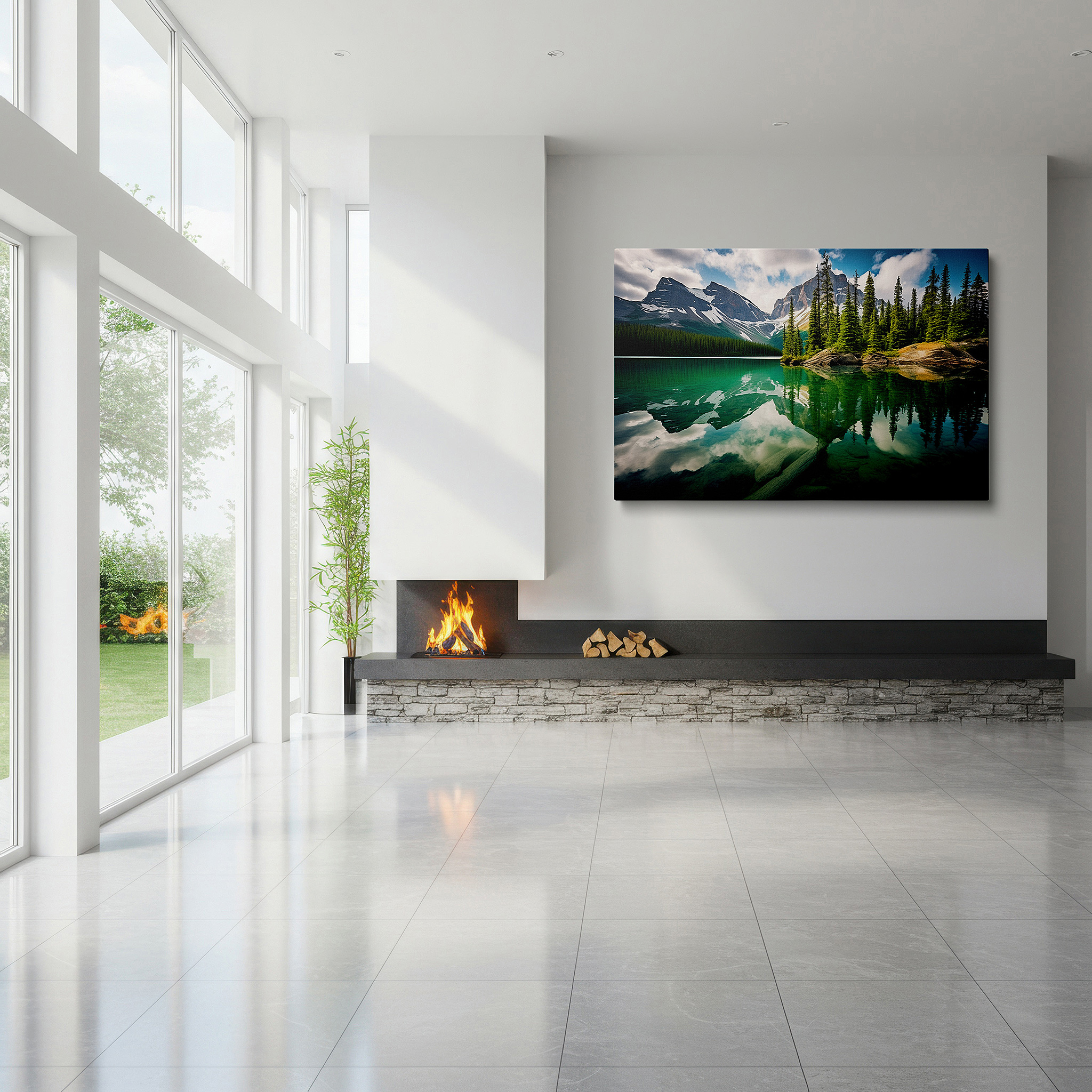 Displayed above a contemporary leather sofa in warm light — serene mountain lake and majestic peaks wall art: tranquil waters and large canvas decor for office and bedroom