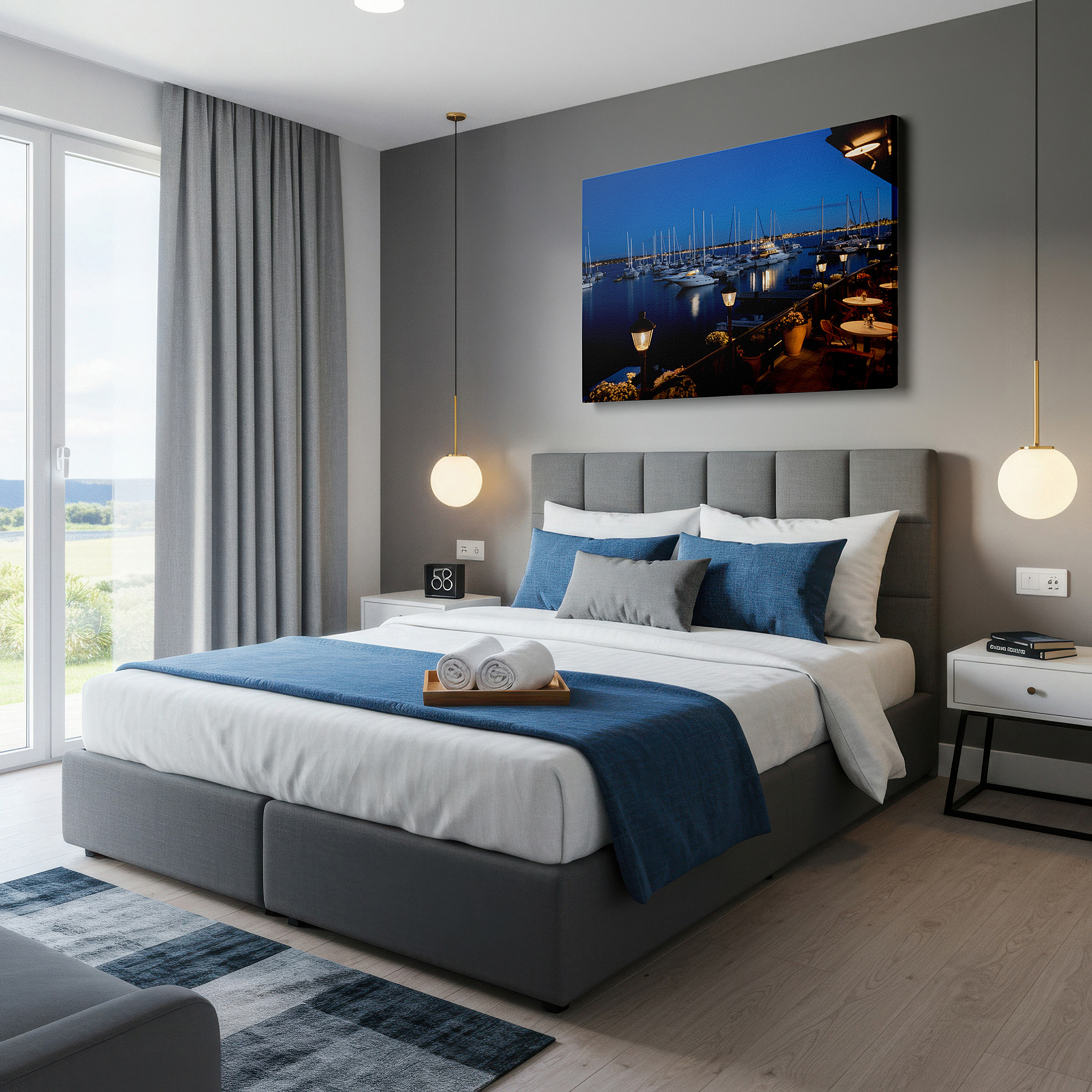 Displayed above a contemporary leather sofa in warm light — serene nighttime marina canvas print featuring starlit sky and elegant yachts - ideal for office, bedroom, and living room wall decor