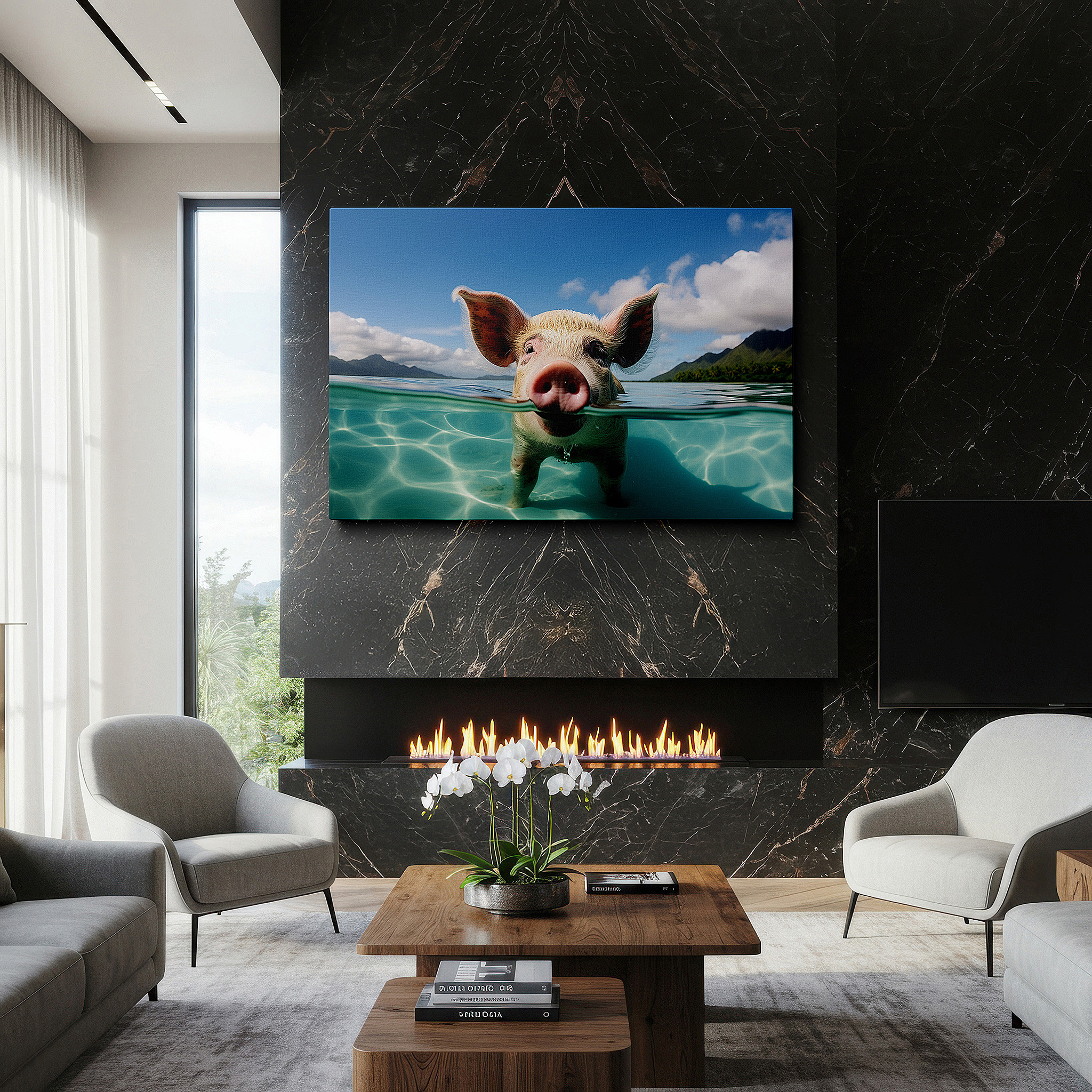 Displayed above a contemporary leather sofa in warm light — serene pig floating in crystal waters with tropical mountain backdrop - large canvas wall art for office and bedroom decor
