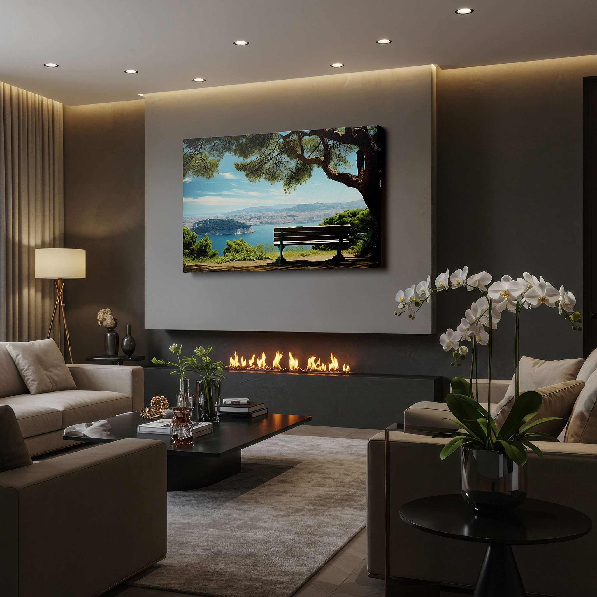 Displayed above a contemporary leather sofa in warm light — serene sanctuary canvas wall art featuring a shaded bench under a majestic tree with views of rolling hills and sparkling waters