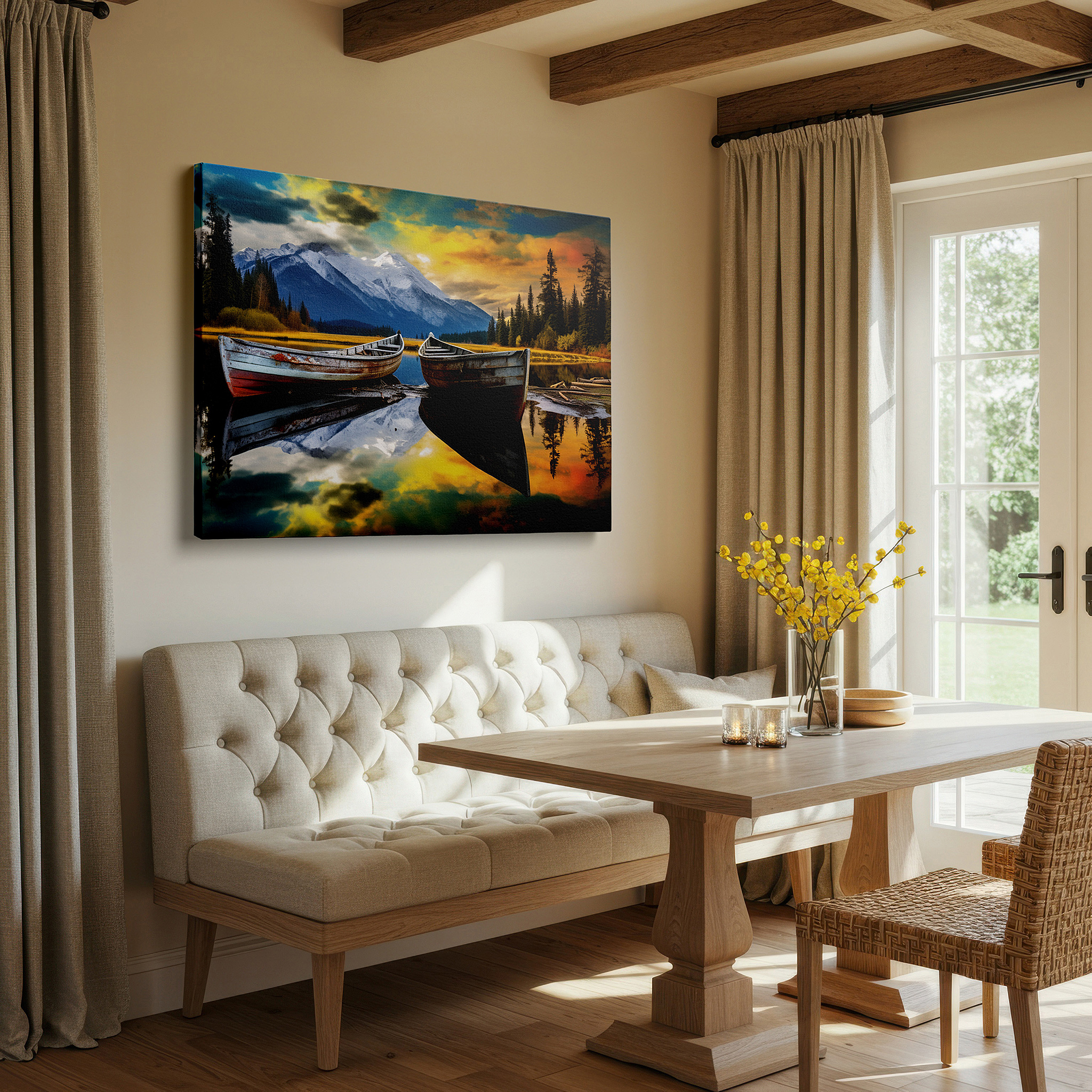 Displayed above a contemporary leather sofa in warm light — serene sunset boats on a mountain lake canvas print: large wall art depicting nature's grandeur and inner peace for home and office decor