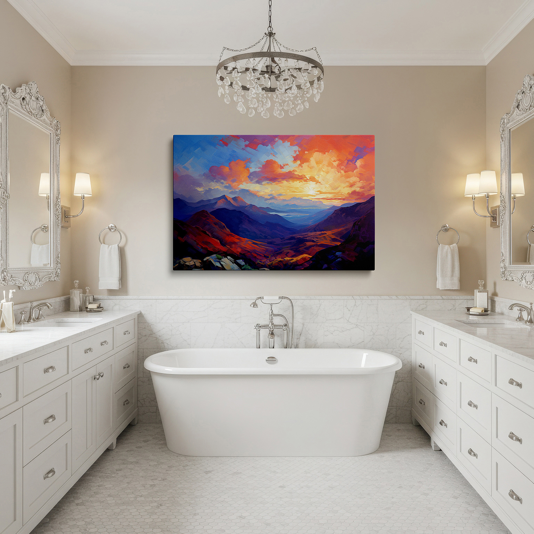 Displayed above a contemporary leather sofa in warm light — serene valley sunrise: tranquil and dynamic nature scene large canvas wall art for office and bedroom decor