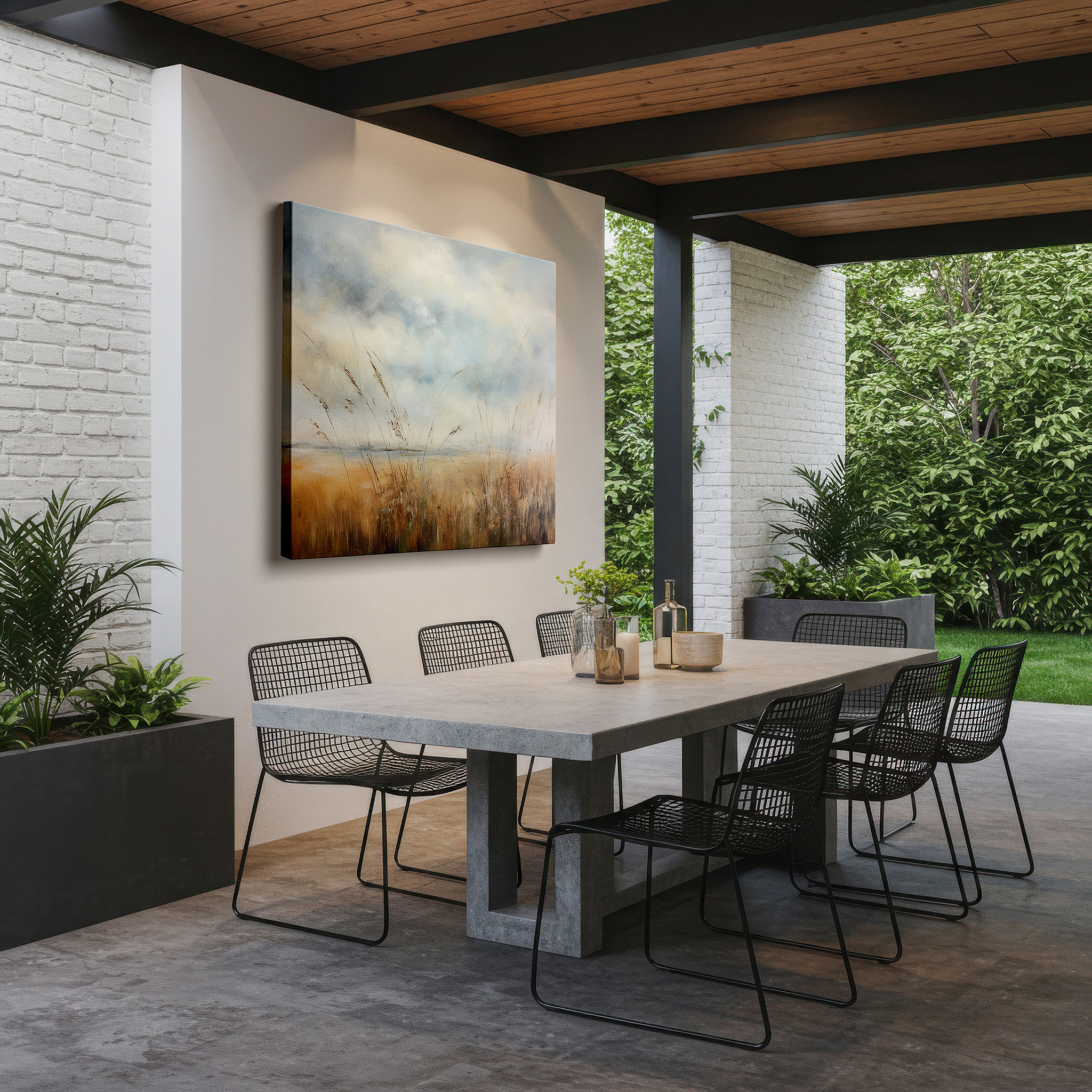 Displayed above a contemporary leather sofa in warm light — serene vistas of golden grasses and boundless azure skies: large canvas wall art for office, bedroom, and living room decor