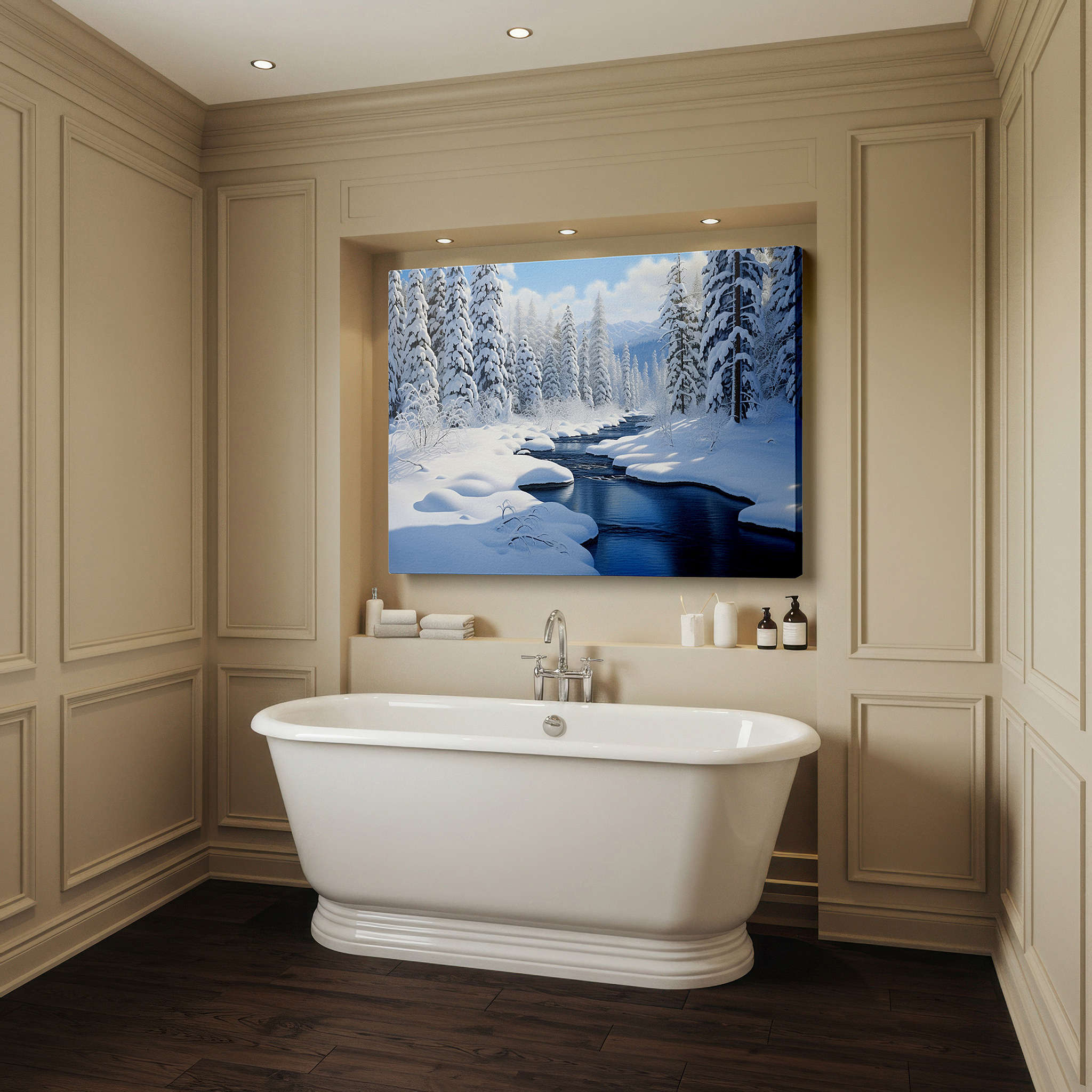 Displayed above a contemporary leather sofa in warm light — serene winter wonderland canvas wall art featuring snow-covered pines and icy stream, perfect for office, living room, or bedroom decor