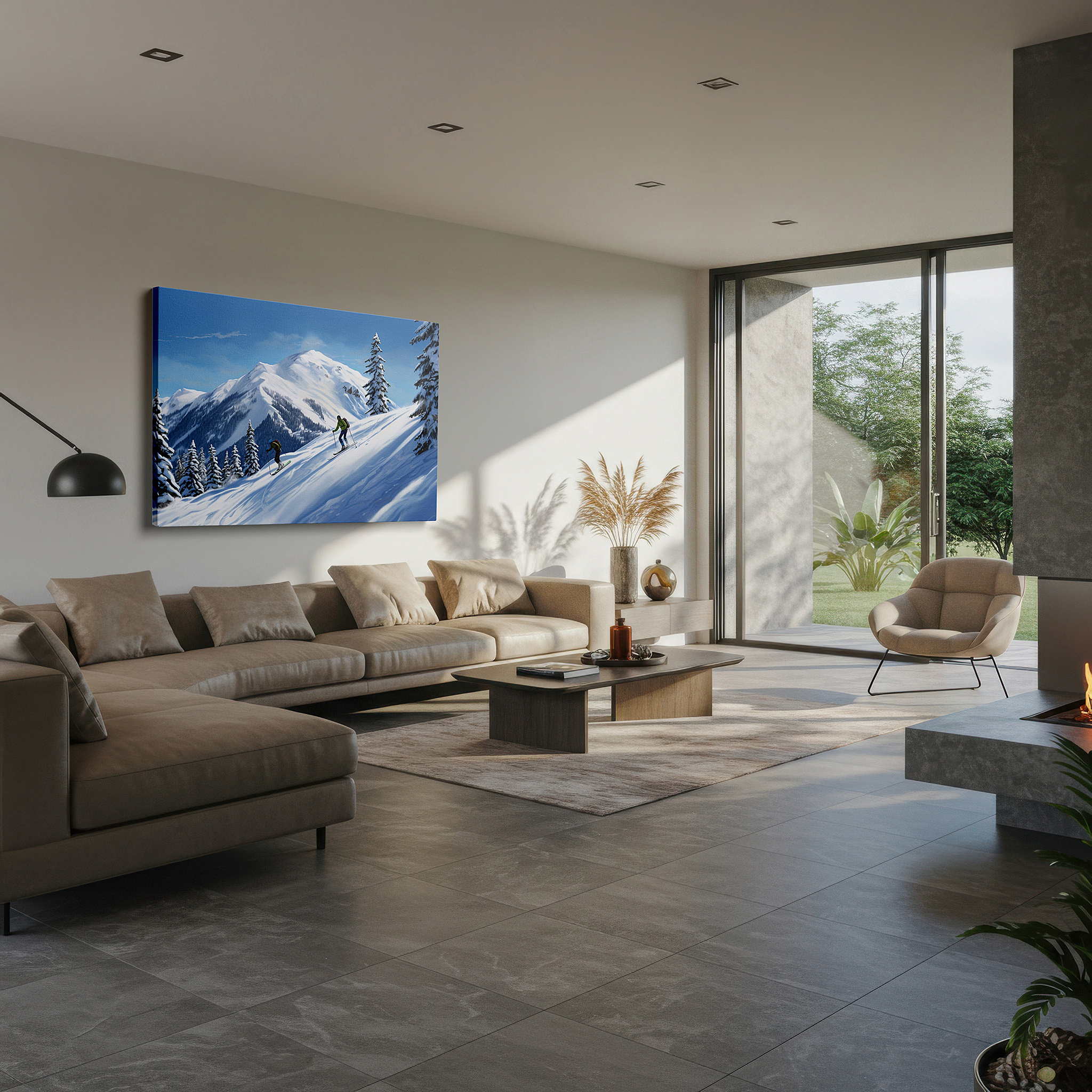 Displayed above a contemporary leather sofa in warm light — skiers traverse beneath blue skies between snow-capped mountains and verdant pines large wall art, canvas wall art, wall decor, office wall art, bedroom wall art