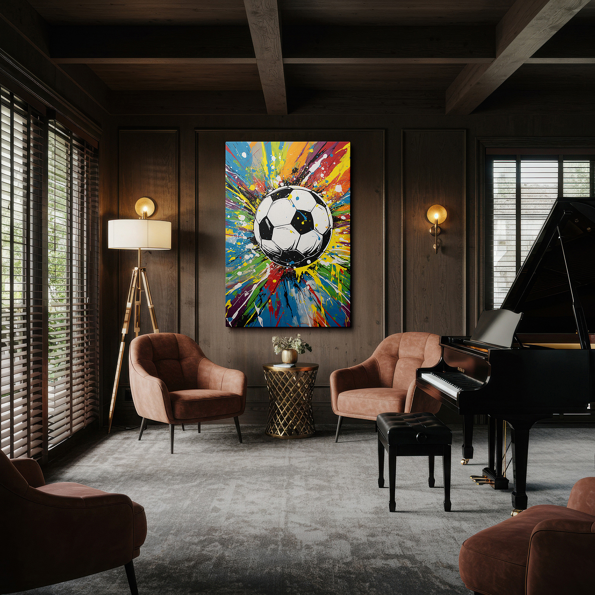 Displayed above a contemporary leather sofa in warm light — soccer ball in motion: a colorful explosion celebrating global unity and passion - large canvas wall art