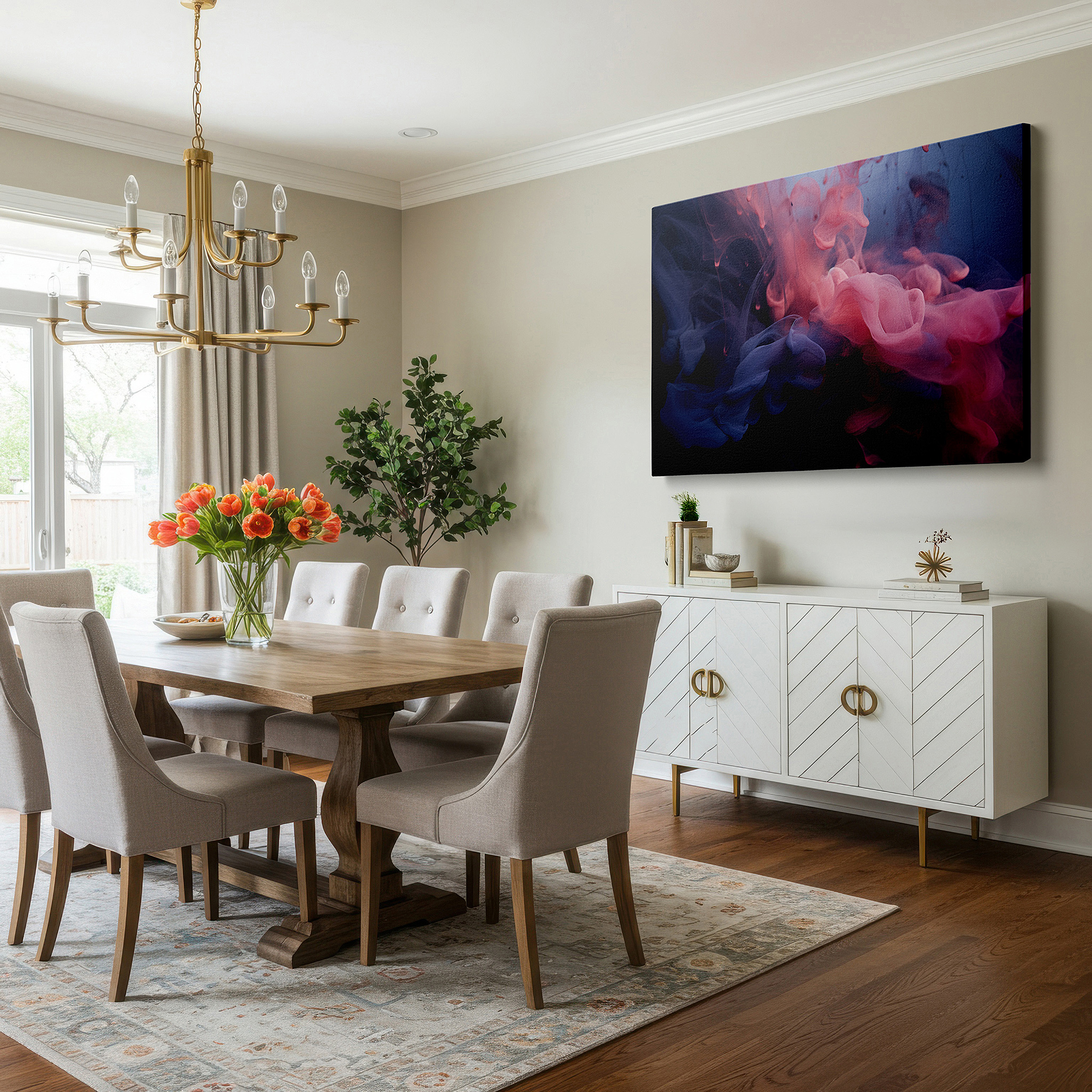 Displayed above a contemporary leather sofa in warm light — soft pink and blue dreamlike clouds, serene sky dance large canvas wall art for office, bedroom, and living room decor